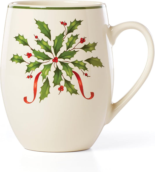 Lenox Coffee Mug, 18 Oz Holiday Cocoa Mug Set, Stoneware Material, Microwave and Dishwasher Safe, Christmas Holly Drinkware Set, Christmas Decorations, Holly Design (Red/Green, 18 Oz, 1 Piece)