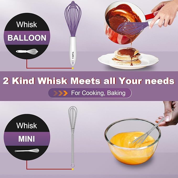 Walfos Whisk,Silicone Whisk Heat Resistant (480°F) Kitchen Whisks set of 5.Non Scratch Coated Whisks for Nonstick Cookware,Egg Wisk Premium for Blending,Whisking,Beating,Frothing. (Purple)