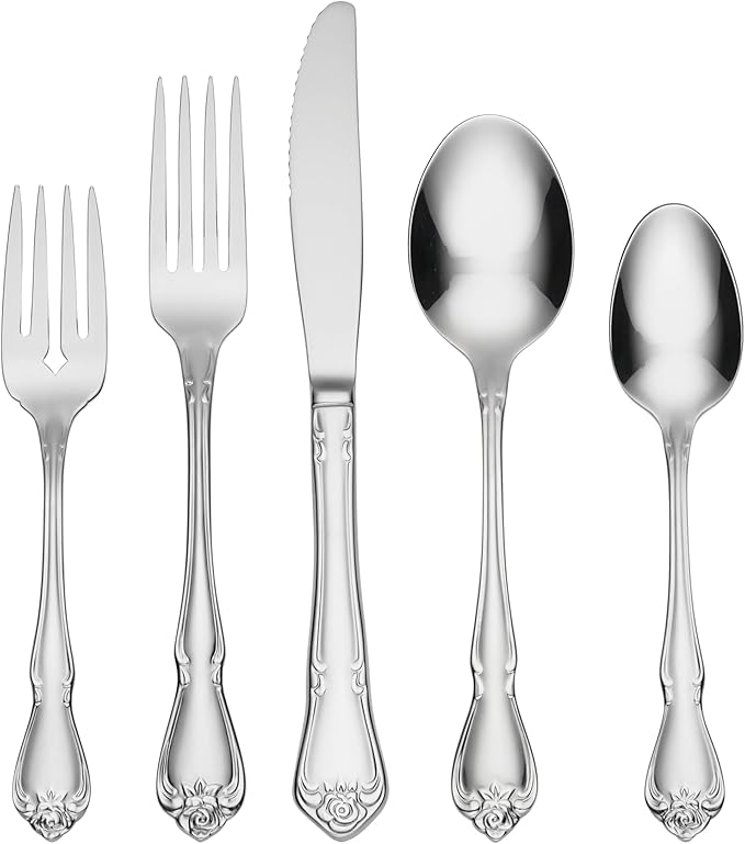 Oneida True Rose 45 Piece Everyday Flatware, Service for 8, 18/0 Stainless Steel, Silverware Set, Silver