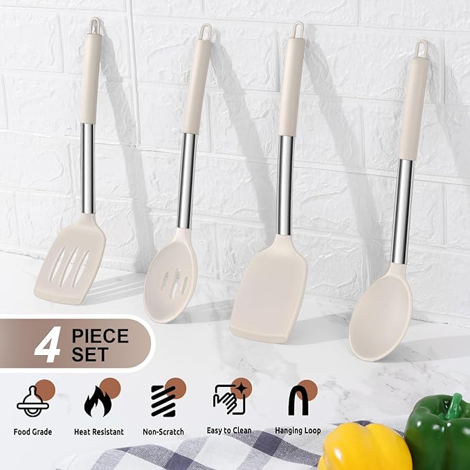 E-far Cooking Utensils Set of 4, Silicone Kitchen Utensils for Non-stick Cookware, Heat Resistant & Non-toxic Slotted Spatula Solid Spoon Turner for Flipping Mixing Serving Basting(Khaki)