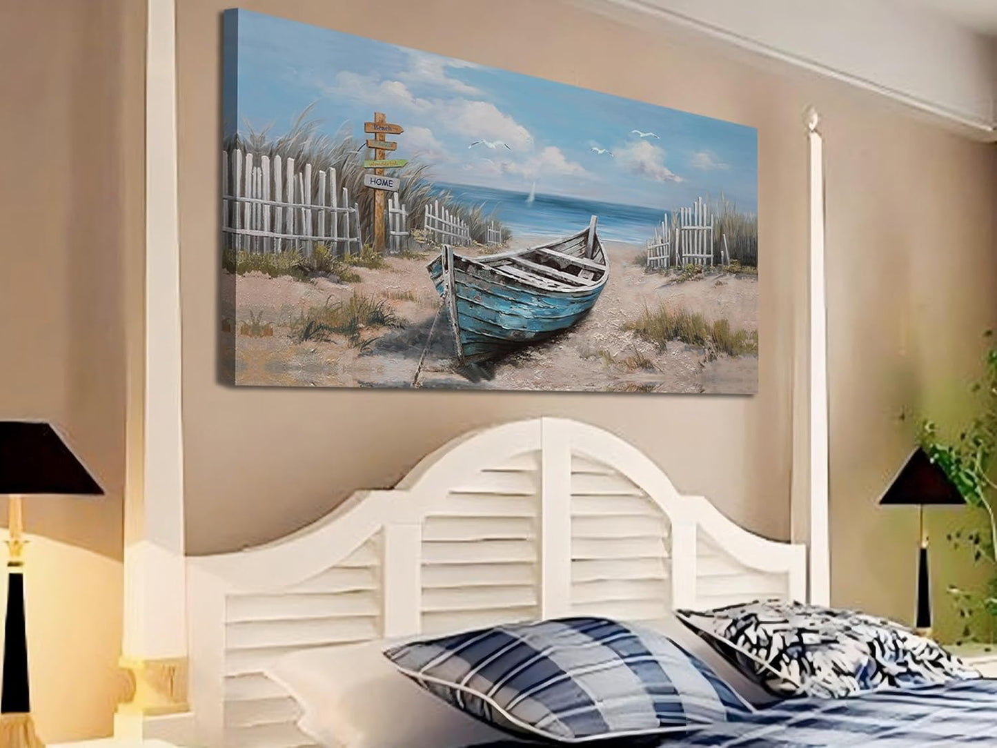 Ardemy Boat Canvas Wall Art for Living Room Large Teal Bedroom Pictures Wall Decor Textured Beach Paintings Artwork Dining Room Home Office Kitchen, 48"x24"