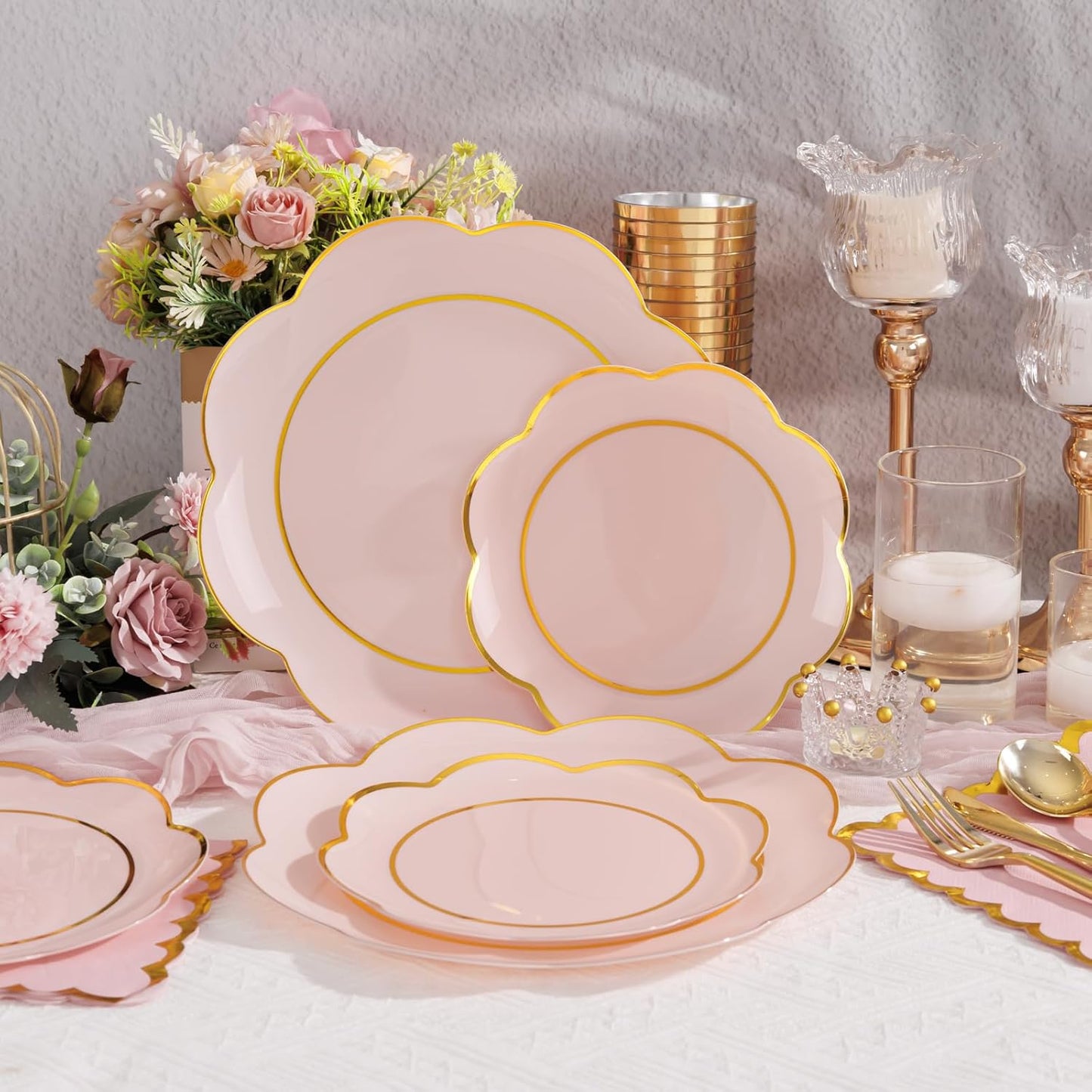 WONDERFUL 350PCS Pink Plastic Plates for Party Plates Disposable Heavy Duty Pink Gold Wedding Plate High End Plastic Dinnerware Sets for 50 Guests - Plate and Cups and Wedding Napkins Sets Large Party