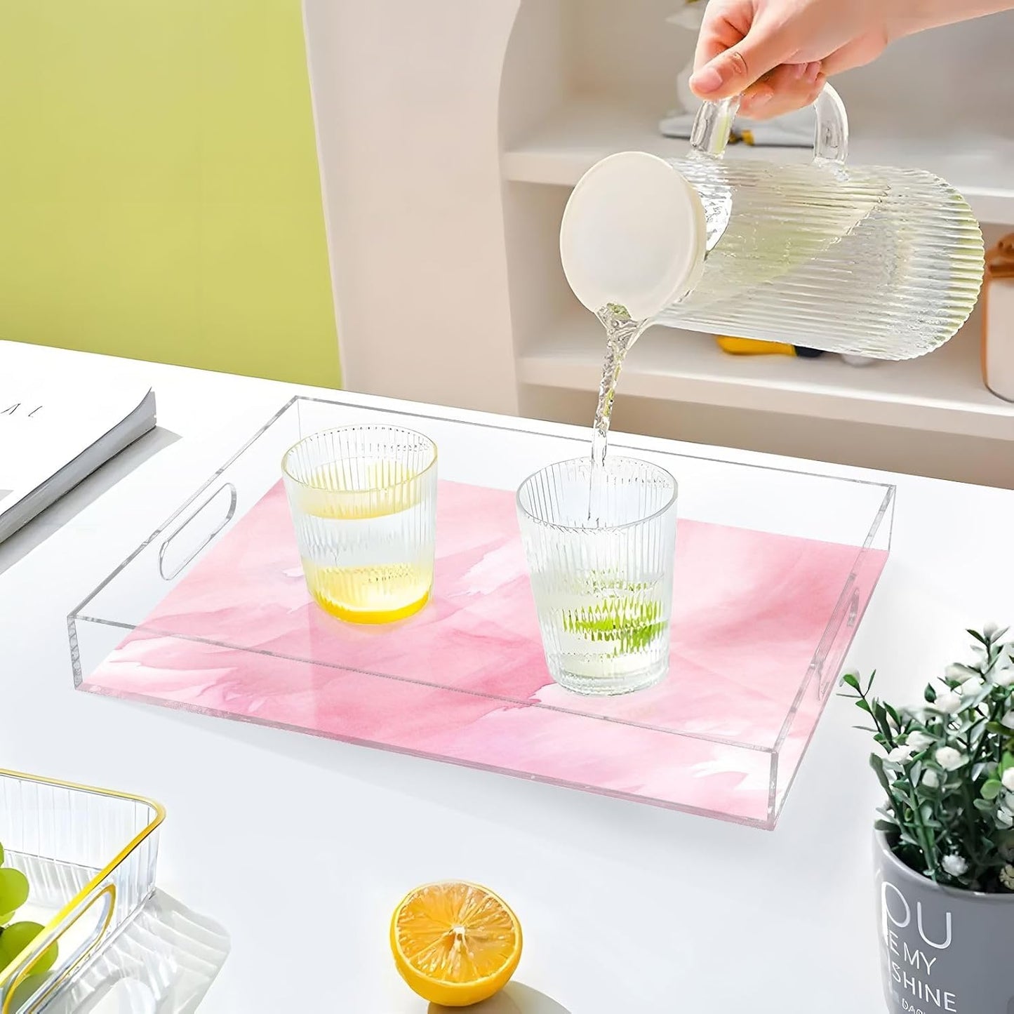 Plastic Food Serving Tray Decorative Vanity Trays for Bathroom Pink Marble Coffee Table Kitchen Counter 11.8 * 15.7in