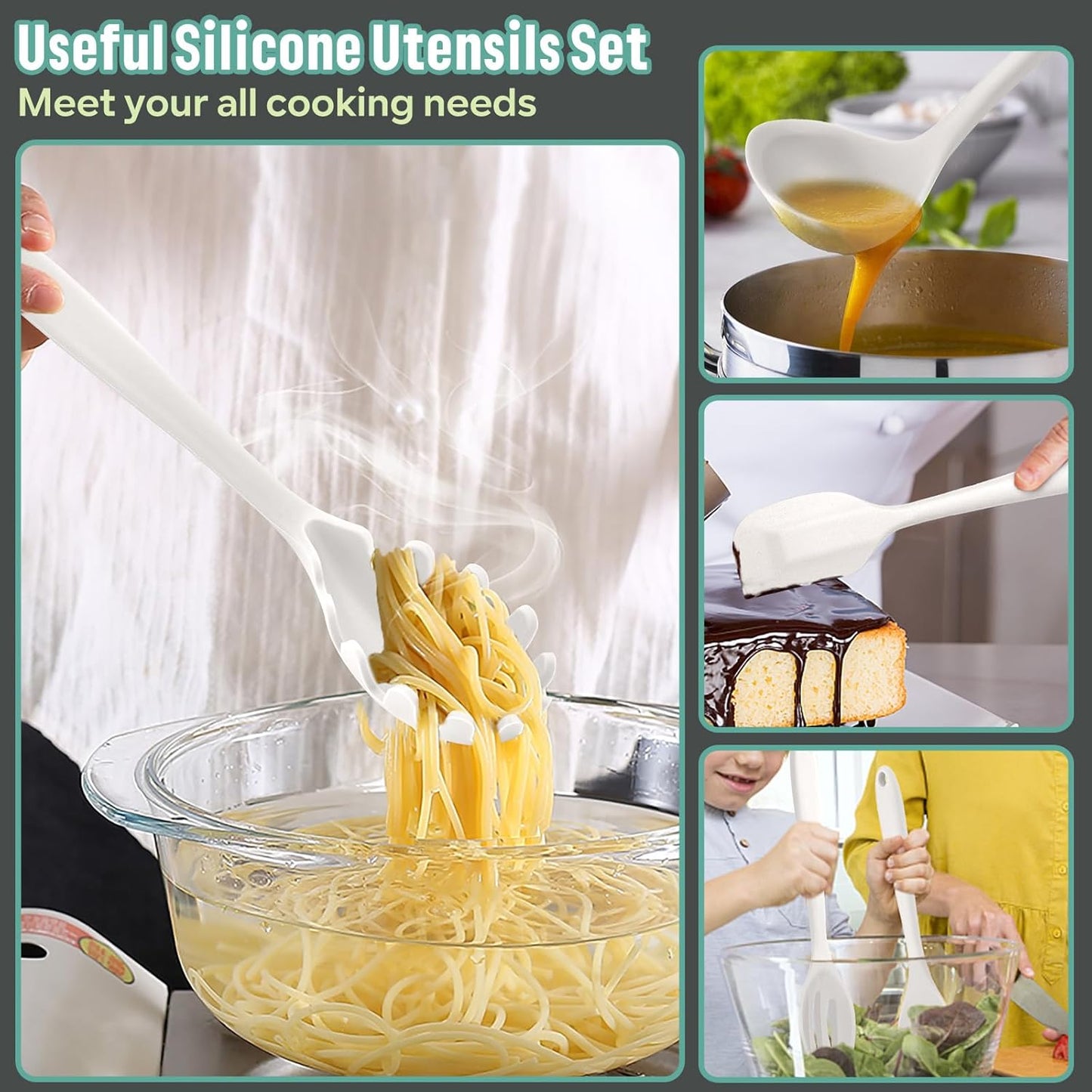 E-far Silicone Cooking Utensils Set, 7-Piece White Heat Resistant Kitchen Utensils Set, Kitchen Nonstick Tools Spatula Ladle Spoon Pasta Server for Non-stick Cookware, Non-Toxic & Dishwasher safe