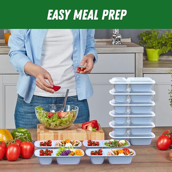 50 Pack (100-Piece) 28 oz Meal Prep Containers Reusable with Lids 2-Compartment, Sturdy Leakproof Food Safe, Microwave Freezer Dishwasher Safe, To Go Take Out Plastic Food Storage, Blue