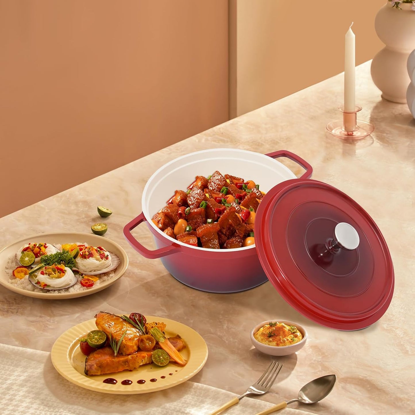 4L Stew Pot with Lid Modern Round Dutch Oven Pot with Lid Ceramic Stew Pot Casserole Dish with Dual Handles for Home Restaurant Kitchen (Red)