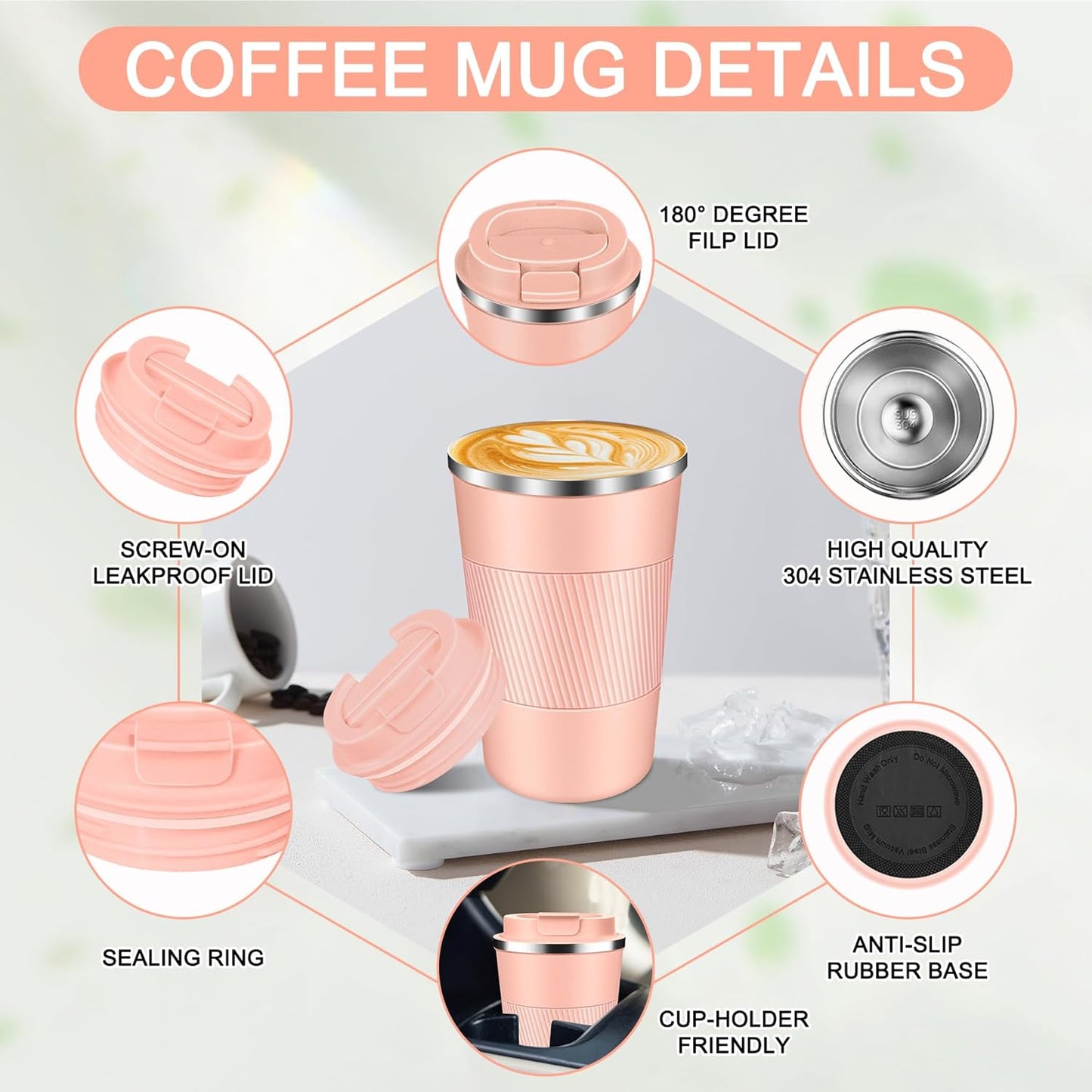 Coffee Travel Mug 12oz Insulated Coffee Mug with Lid Portable Spill-Proof Coffee Travel Mug No Handle Reusable Stainless Steel Mug Keeps Cold and Hot Suitable for Car, Daily, Travel and Gifts