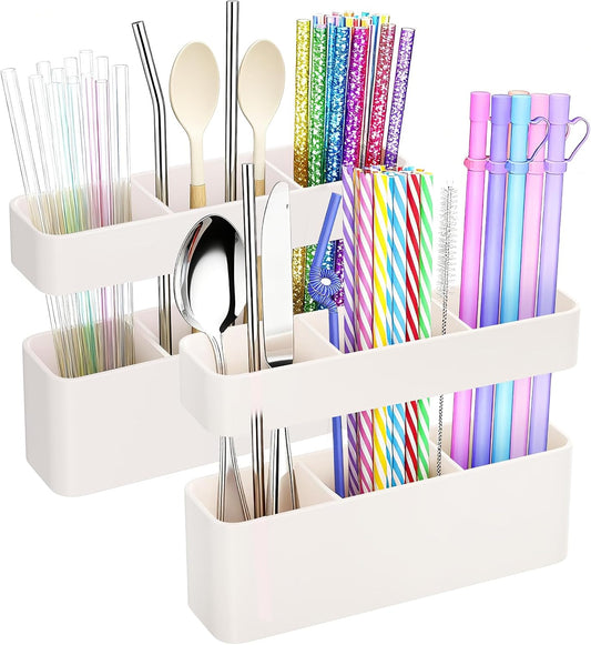 2-Pack Silicone Straw Holder for Cabinet Door,Reusable Adhesive Container for Kitchen Storage Solutions, Cupboard Organizer and Space Saving Hacks (White)