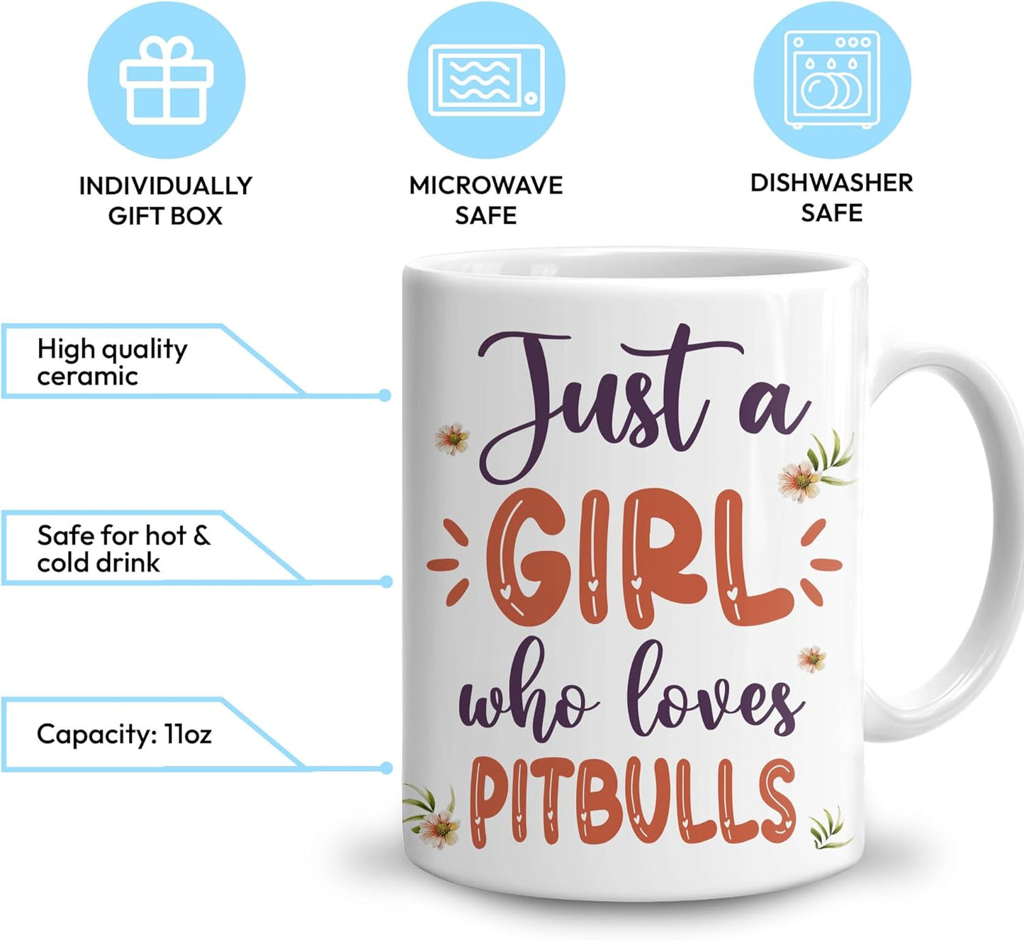 Hyturtle Personalized Gifts Pitbull Lover - Just A Girl Who Loves Pitbulls Custom Name Ceramic Coffee Mug Cup 11oz - Idea Cute Dog Lover Gifts For Women, Girl Daughter On Birthday, Christmas
