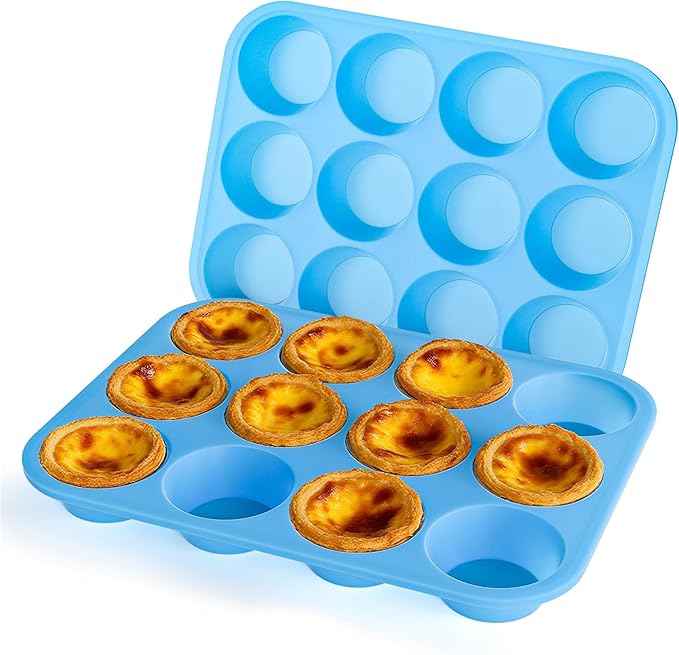 Bangp 12-Cup Silicone Muffin Pan with Metal Reinforced Frame,2 Pack Regular Size Cupcake Pan,Premium Non-Stick Bend Resistance Silicone Molds for Making Muffin,Cakes,Tart,Egg Bites (Blue)