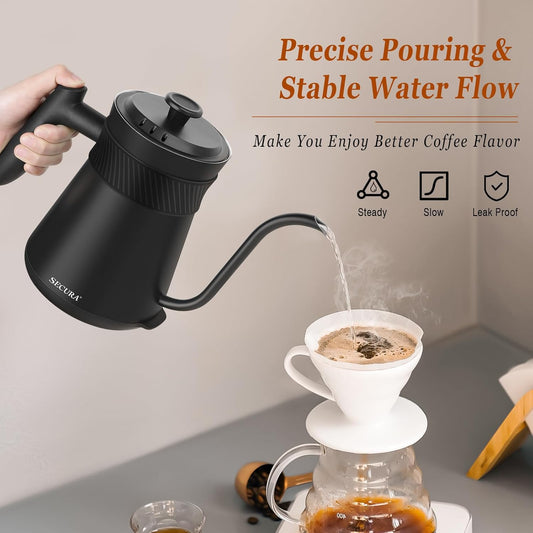 Secura Electric Gooseneck Kettle with 5 Temperature Control Presets, 100% Stainless Steel Inner Tea/Coffee Kettle with 1.5H Keep Warm, 1200 Watt Quick Heating for Coffee Tea Brewing, 0.8L, Matt Black