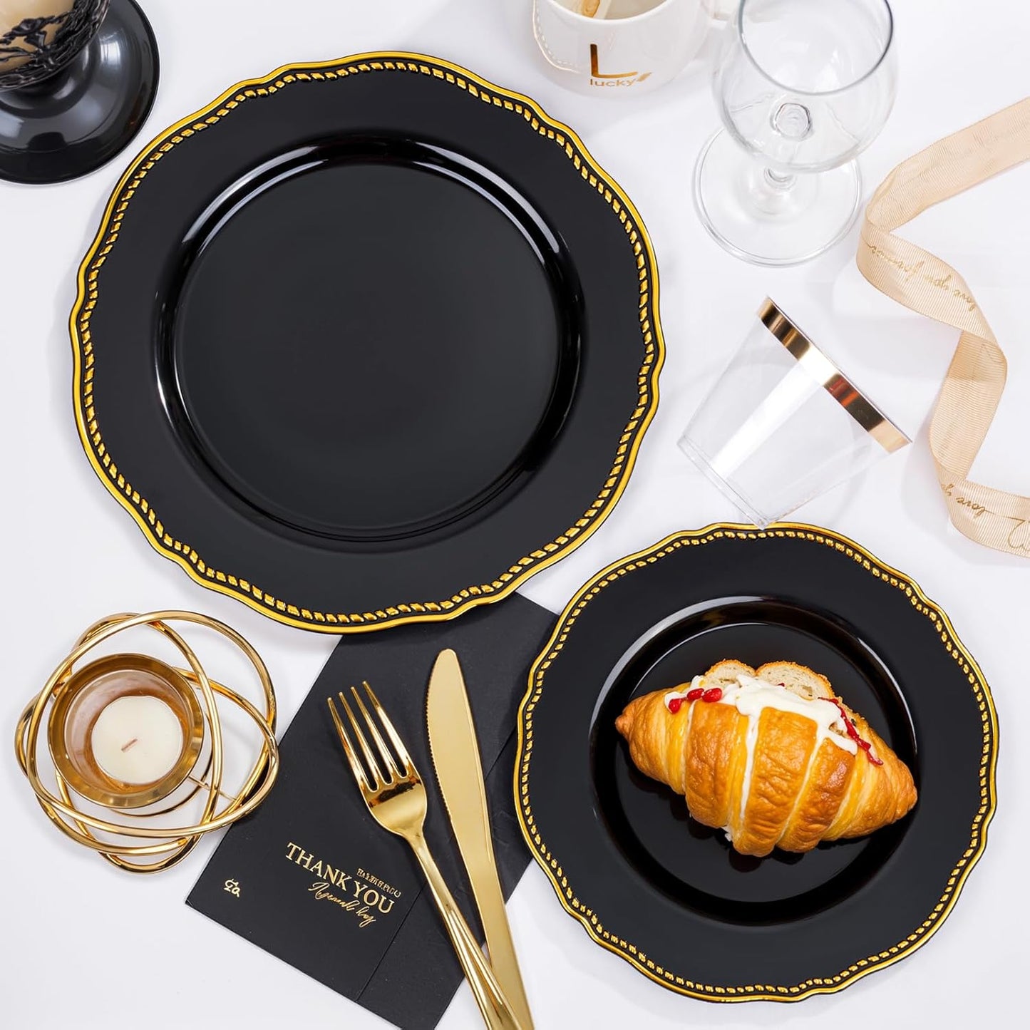 Hioasis 175pcs Black and gold Plastic Plates - Gold Plastic Dinnerware Set Includes 25 Dinner Plates, 25 Dessert Dinnerware, 25 Cups, 25 Napkins Perfect for Wedding & Halloween