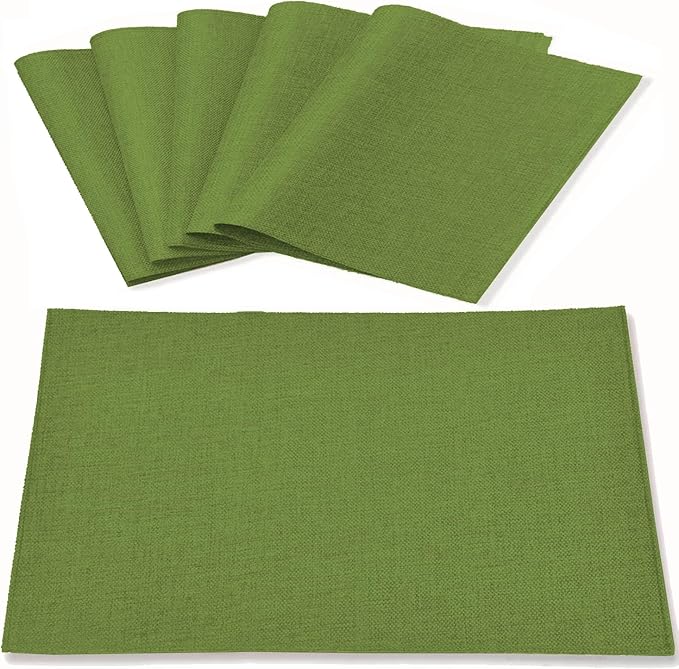 Linen Fabric Placemats Set of 6, Machine Washable, Heat Resistant, Wrinkle Free, Thick Polyester Kitchen Place Mats for Dining Table (Green)