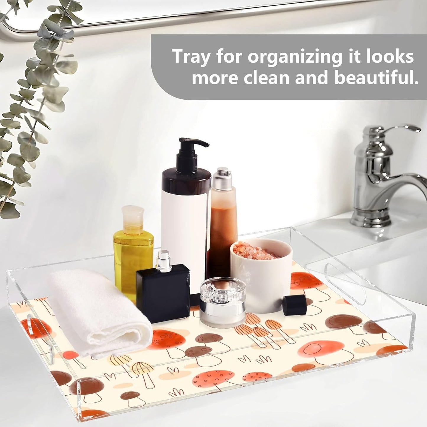 Acrylic Serving Tray with Handles Spill Proof Kitchen Storage Tray Clear Decorative Tray Makeup Drawer Organizer Storage Tray for Bathroom Living Room Ottoman 15.7x11.8Inches