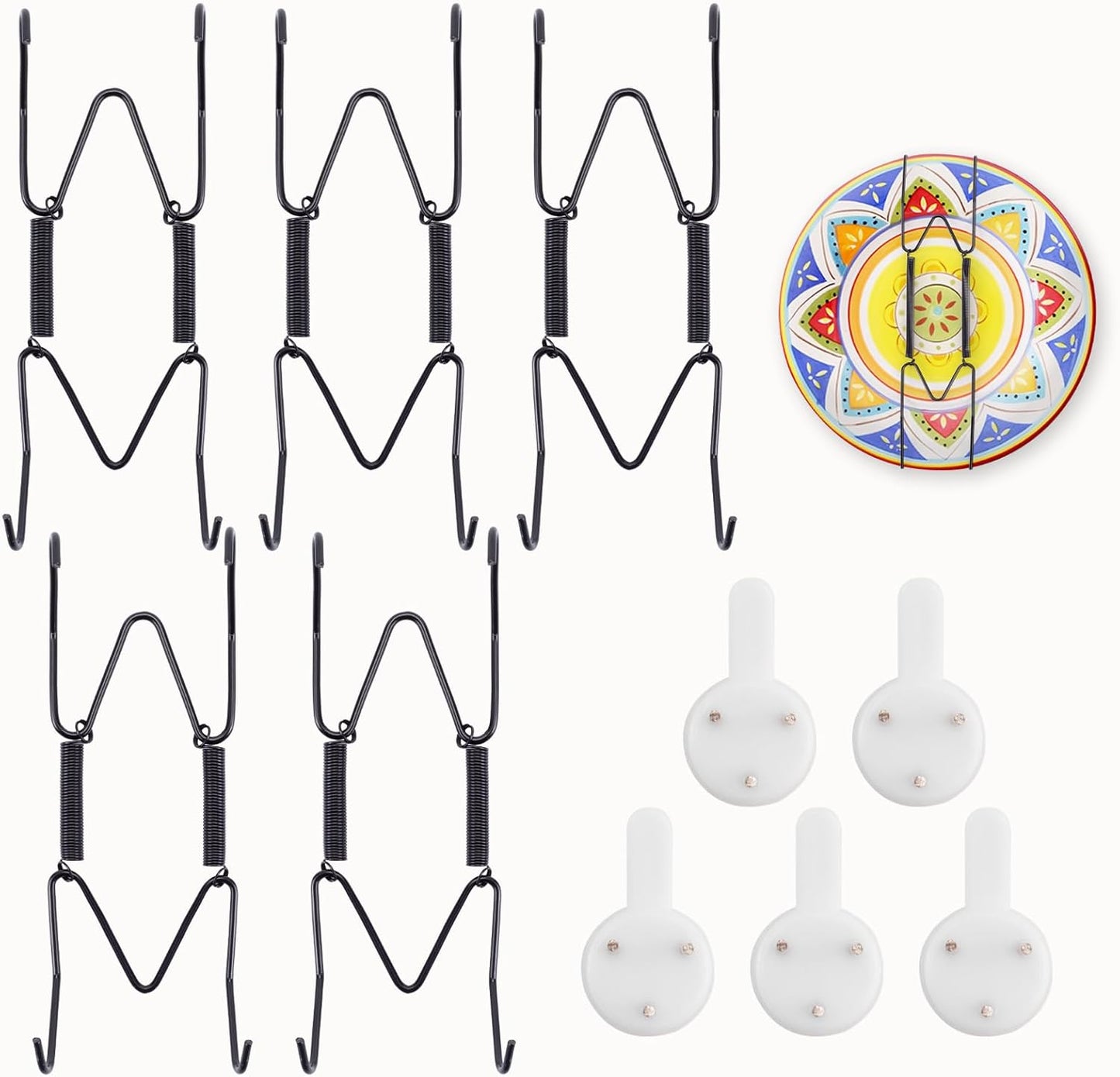 5 Pack Plate Hangers for The Wall Suitable for 4-5 inch Small Decorative Plate, Invisible Stainless Steel Plate Hangers for Display with Wall Hooks, for Plates/Platter/Dish/Picture(Black)