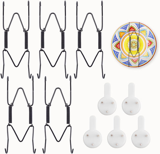 5 Pack Plate Hangers for The Wall Suitable for 4-5 inch Small Decorative Plate, Invisible Stainless Steel Plate Hangers for Display with Wall Hooks, for Plates/Platter/Dish/Picture(Black)