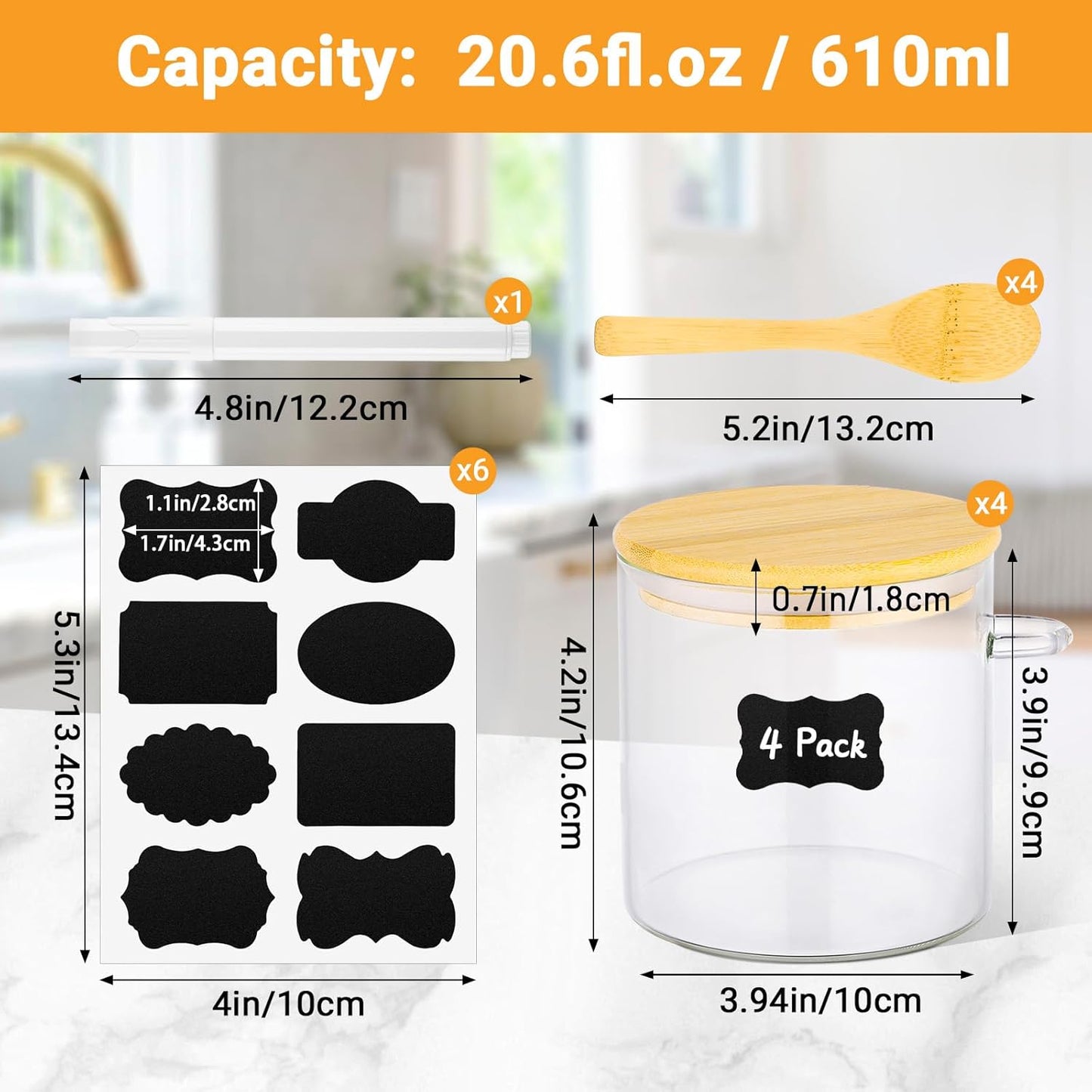 Glass Jars with Bamboo Lids Set of 4, 20 Fl.oz Round Glass Mason Jar with Airtight Lid and Spoon, Stackable Pantry Canister for Coffee, Sugar, Spice, Oats, Candy, Clear Loose Tea Containers