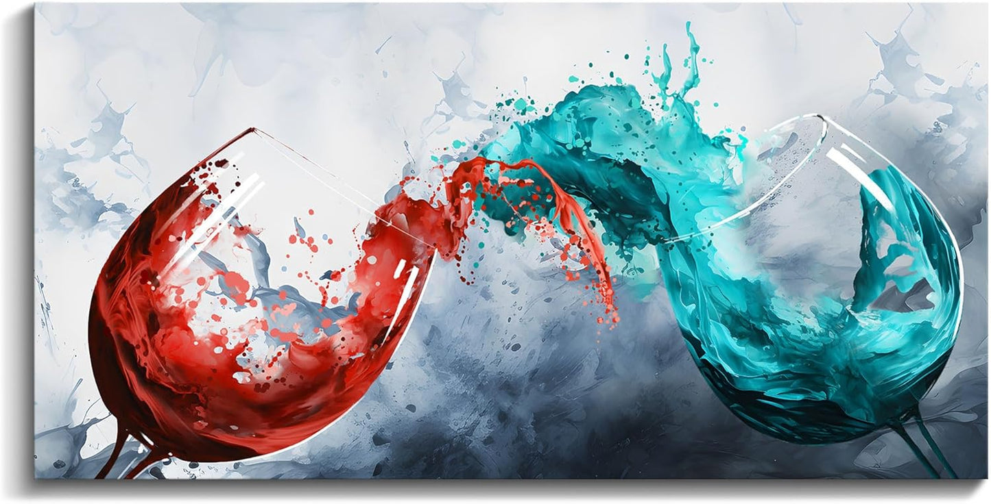Pogusmavi Dining Room Wall Art Wine Glass Canvas Wall Pictures Kitchen Art Wall Decor Blue & Red Wine Cups Painting Modern Wall Art for Living Room Office Artwork Wall Decor 24x48IN