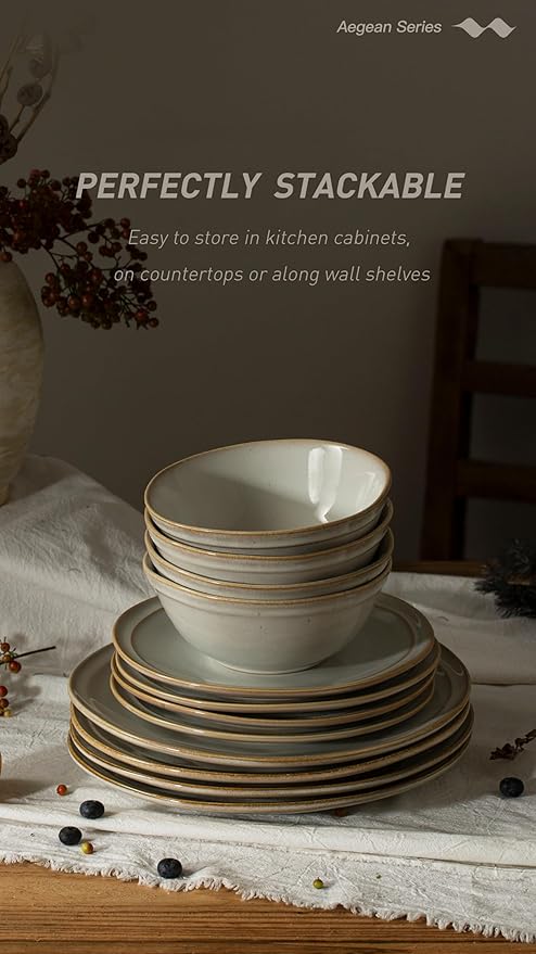 Famiware Aegean Stoneware Dinnerware Set for 8, Plates and Bowls Sets, 24 Pieces Scratch Resistant Dinner Set, Handmade Irregular Round Dishes - Microwave and Dishwasher Safe, Cappuccino White