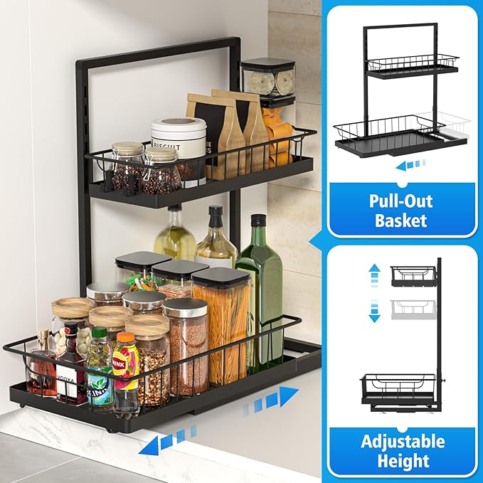 WOWBOX Under Sink Organizer 1 Pack, 2-Tier Cabinet Organizer for Kitchen, Bathroom, Slide Out Drawer Under Sink Organizers and Storage, Metal Organizing Rack for Pantry, Cabinet, Closet