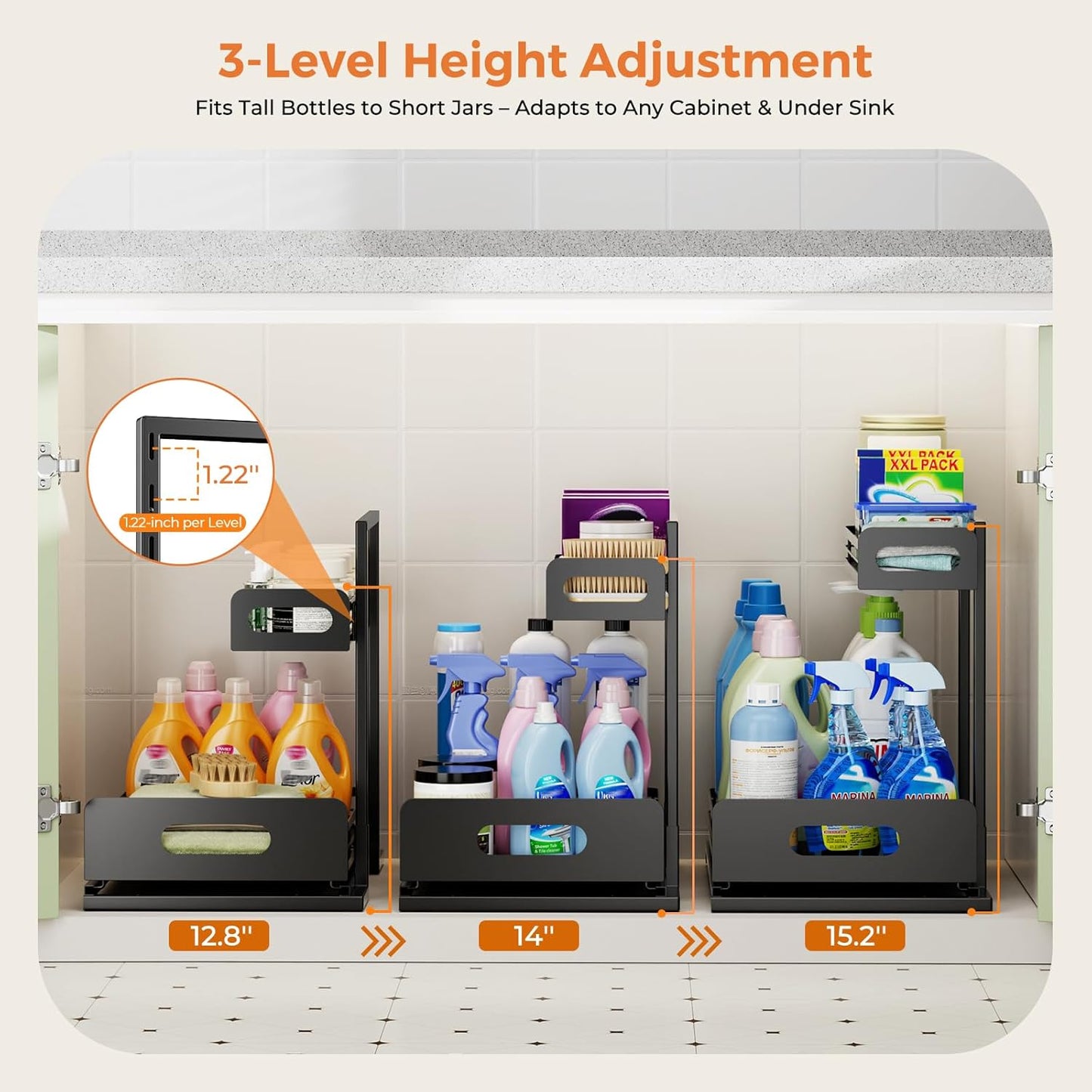 Delamu 2 Pack Metal Bathroom Organizers and Storage, 2 Tier Pull Out Under Sink Organizer with 2 Small Baskets, Adjustable Under Sink Shelf for Multipurpose Cabinet Organizer, Black