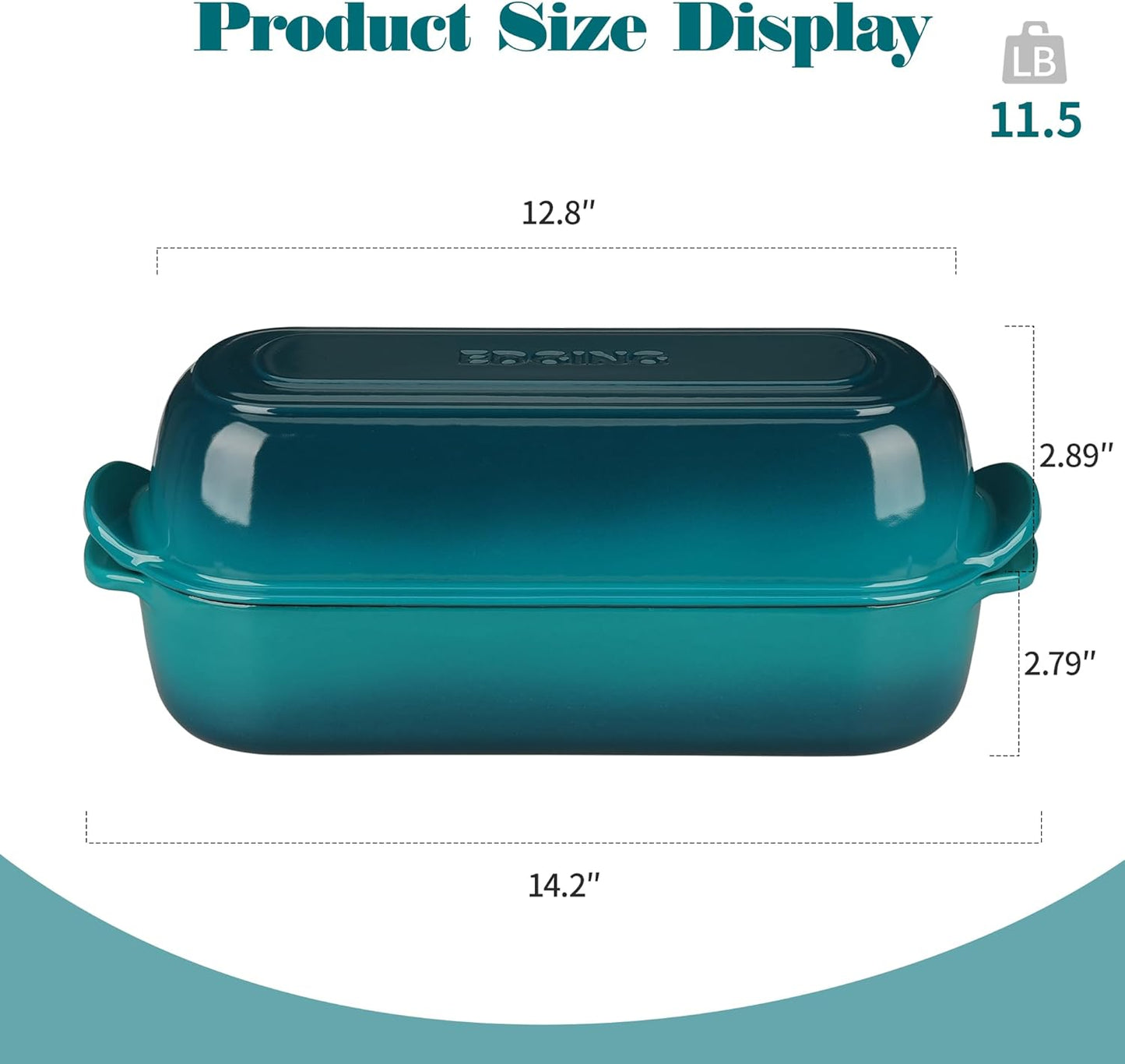 Enameled Cast Iron Loaf Pan with Lid, Dutch Oven Bread pan for Homemade Sourdough Bread Baking, 12.5x5.5 inch, 5qt, Darkcyan