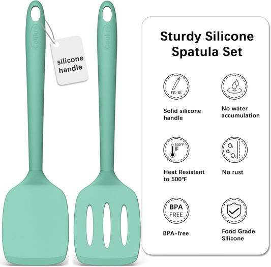 Coukre 2 Pack Silicone Spatula Set, High Heat Resistant, BPA Free Kitchen Spatula, Solid & Slotted Turner for Non-Stick Pans, Sautéing, and Flipping (2, PureAquaGreen)
