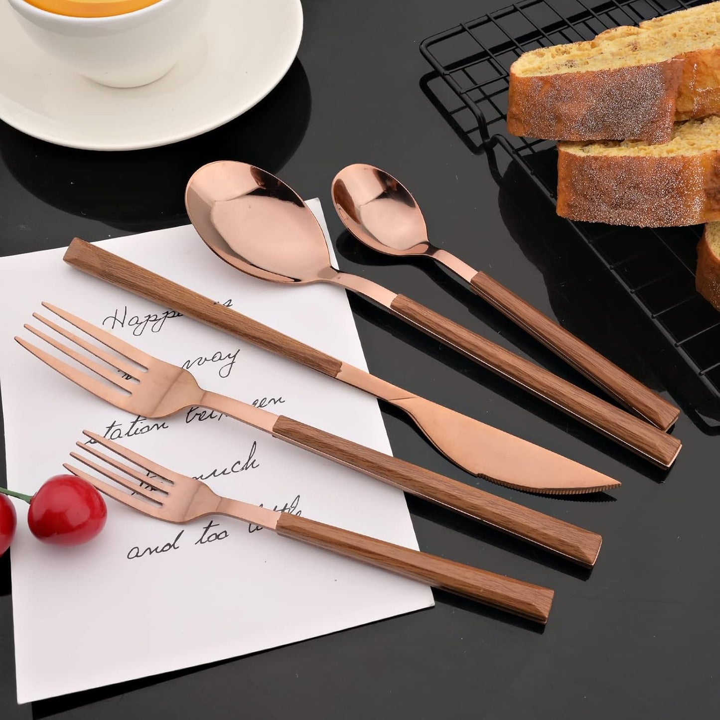 JASHII Wood Handle Flatware Set, 20 Pieces Stainless Steel Silverware Cutlery Set, Mirror Polished, Square Knife Fork Spoon Set, Dishwasher Safe - Korean Style Rose Gold