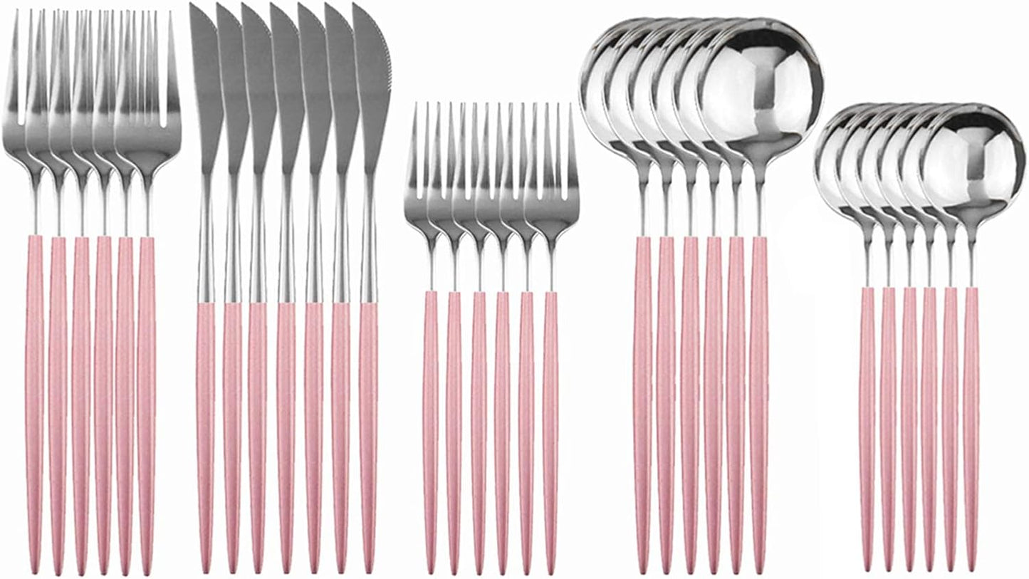 Silverware Set – 30 Piece Family Dinnerware Set – Flatware Set Service For 6 – Pink Silver Tableware Sets – Cutlery Great For Family Gatherings & Daily Use – Spoons, Knives, Forks