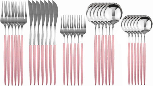 Silverware Set – 30 Piece Family Dinnerware Set – Flatware Set Service For 6 – Pink Silver Tableware Sets – Cutlery Great For Family Gatherings & Daily Use – Spoons, Knives, Forks