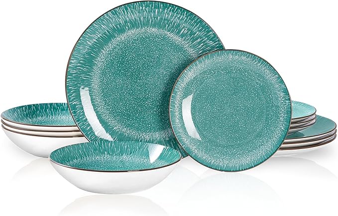Bestone Plates and Bowls Sets,12 Pieces Round Porcelain Dinnerware Sets,Dishes, Plates, Dishware Sets,Chip Resistant Ceramic Dish Set Dining Dinner Ware Service for 4,New green