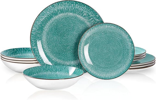 Bestone Plates and Bowls Sets,12 Pieces Round Porcelain Dinnerware Sets,Dishes, Plates, Dishware Sets,Chip Resistant Ceramic Dish Set Dining Dinner Ware Service for 4,New green