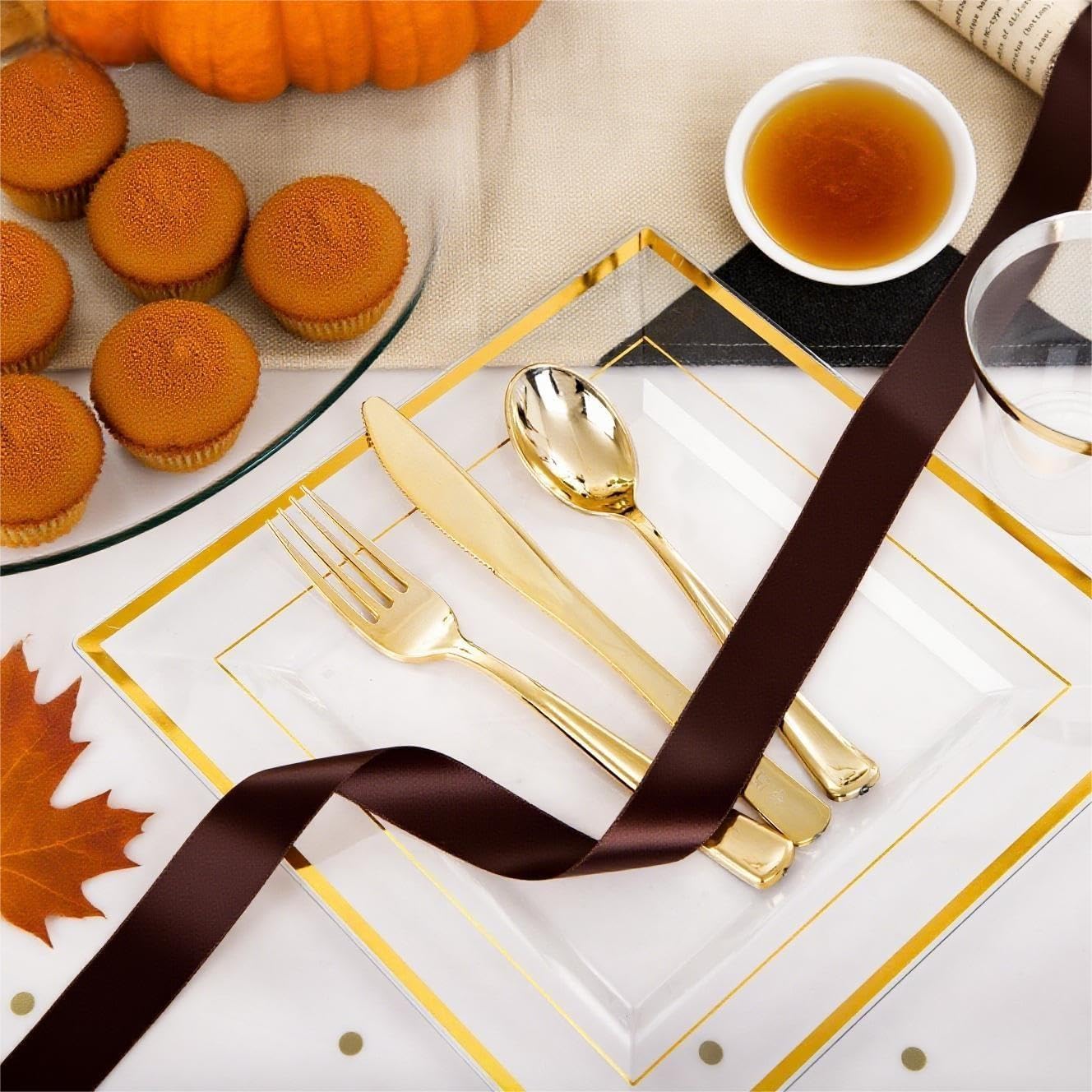 Festiva 350Pcs Clear Plastic Plates with Gold rim - Clear Gold Disposable Dinnerware for 50 Guests includeSquare Plastic Plates/Cups/Cutlery/Napkins Perfect for Thanksgiving Party&Wedding &Xmas