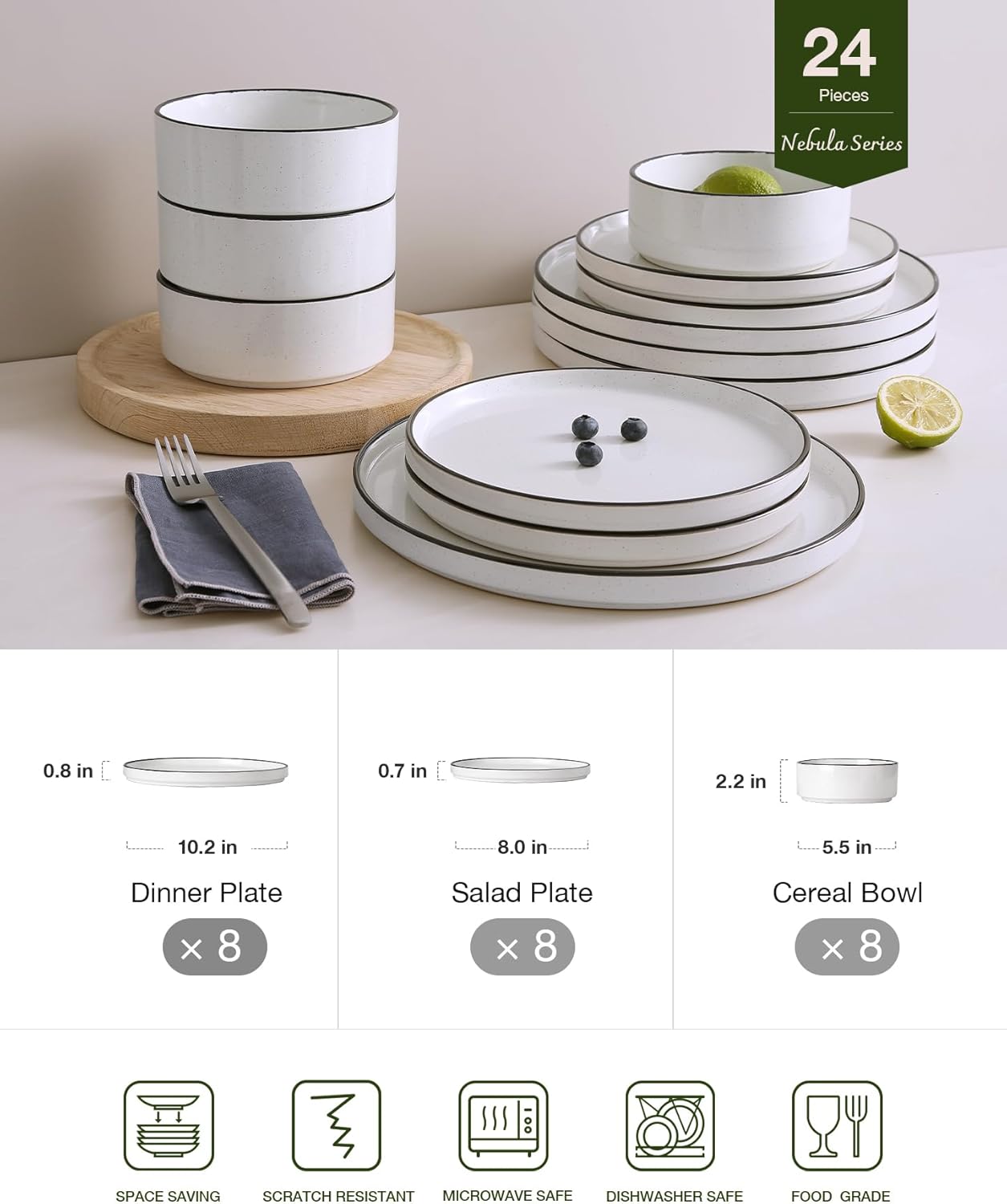 Famiware Nebula Plates and Bowls Set, 24 Pieces Dinnerware Sets, Dishes Set for 8, White with Black Rim