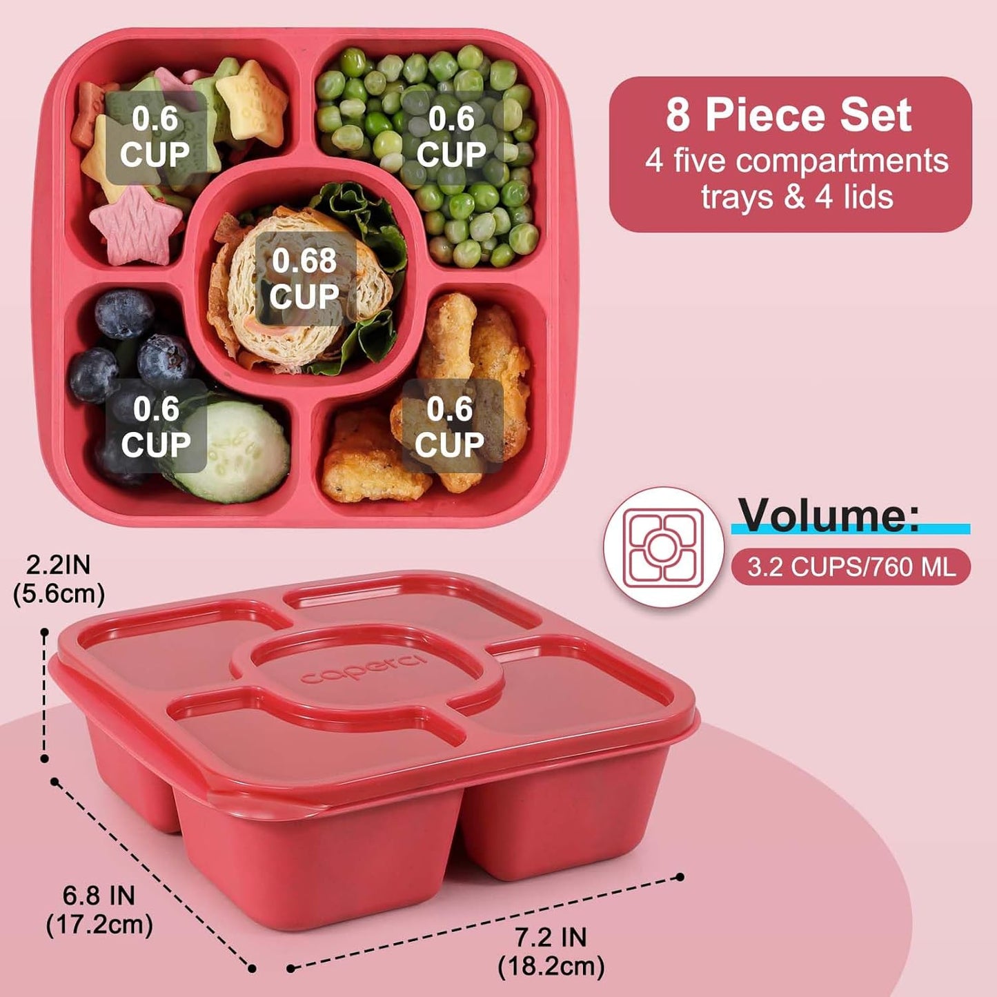 Caperci Original Bento Snack Box Containers - Reusable 5-Compartment Lunchable Food Storage Containers for School, Work and Travel, BPA-Free, Set of 4 (Jewel Bright)