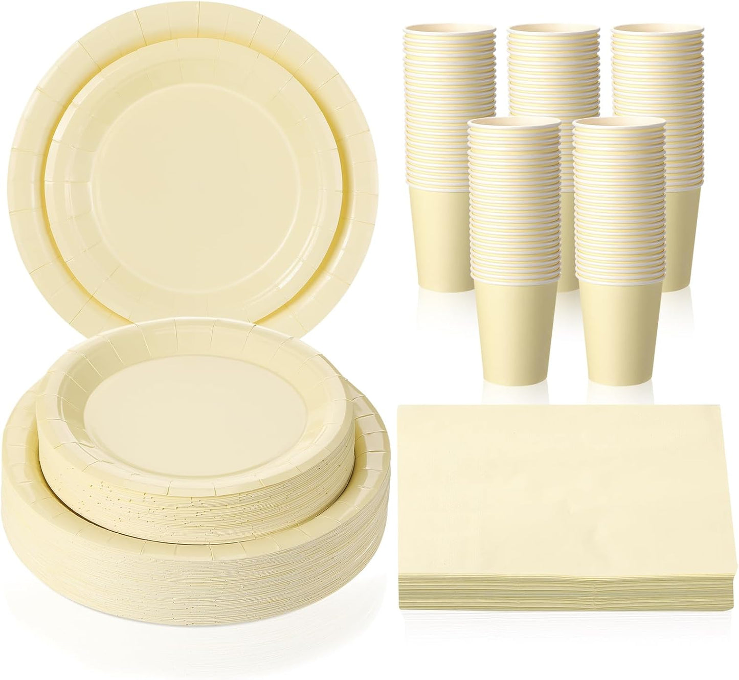 Tioncy 200 Pcs Disposable Paper Plates Cups and Napkins Party Supplies Serve 50 Guests Disposable Paper Dinnerware Set for Halloween Birthday Wedding Baby Shower Family Picnic(Yellow)