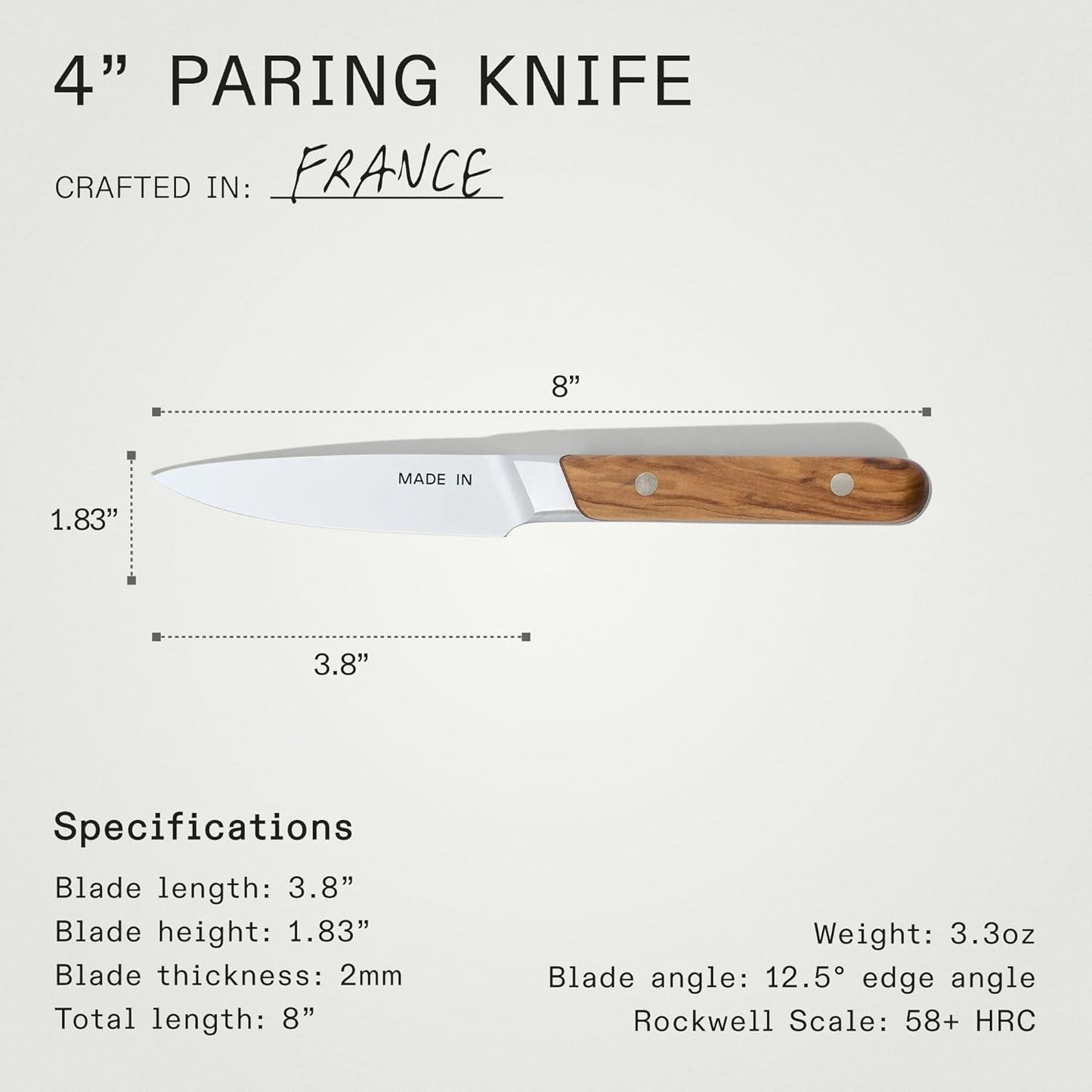 Made In Cookware - 4" Paring Knife France - Full Tang With Olive Wood Handle