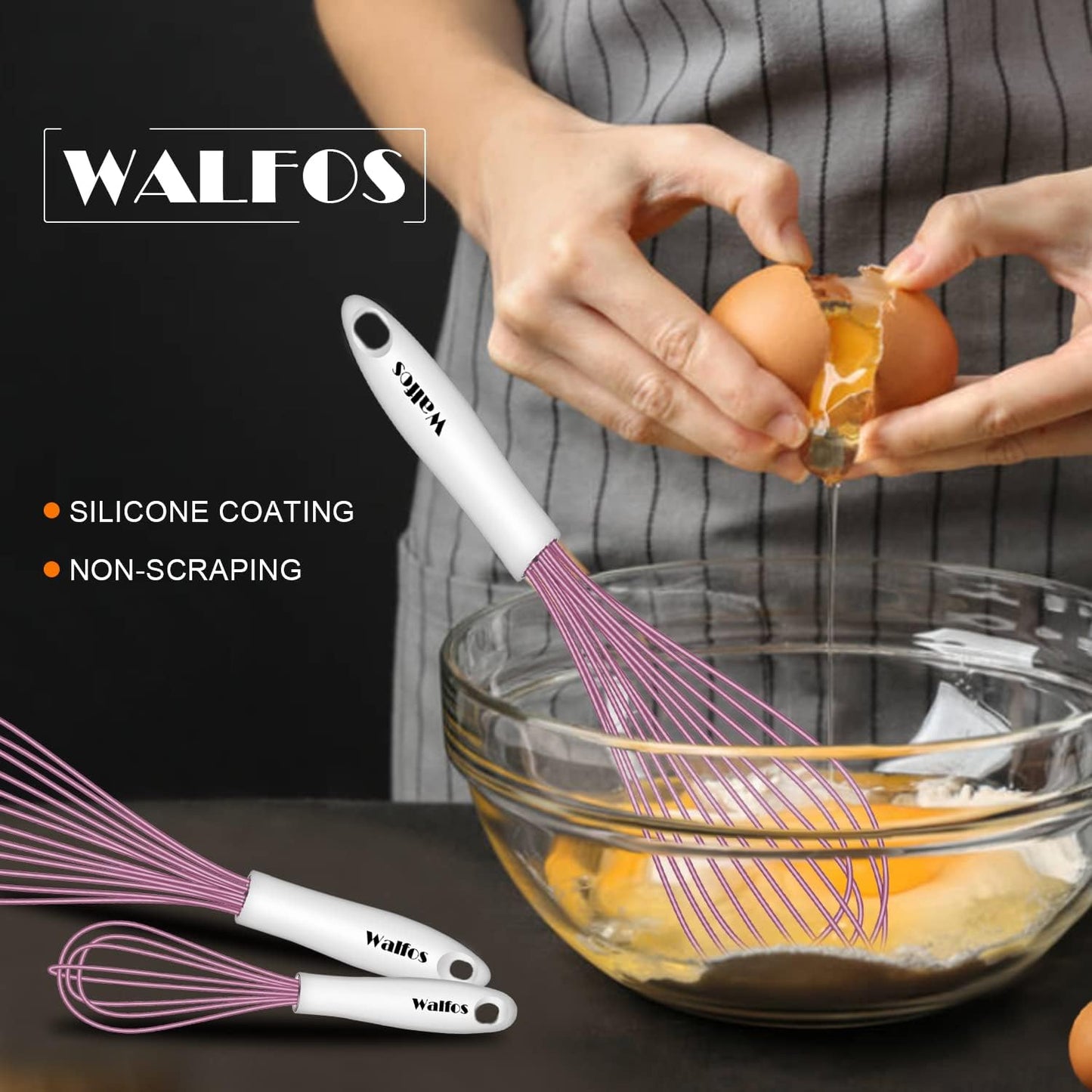 Walfos Whisk, Silicone Whisks for Cooking & Baking Non Scratch Rubber Coated Pink Whisk for Non-stick Wisk, Perfect for Frothing, Blending, Beating and Whisking (3pack Pink)