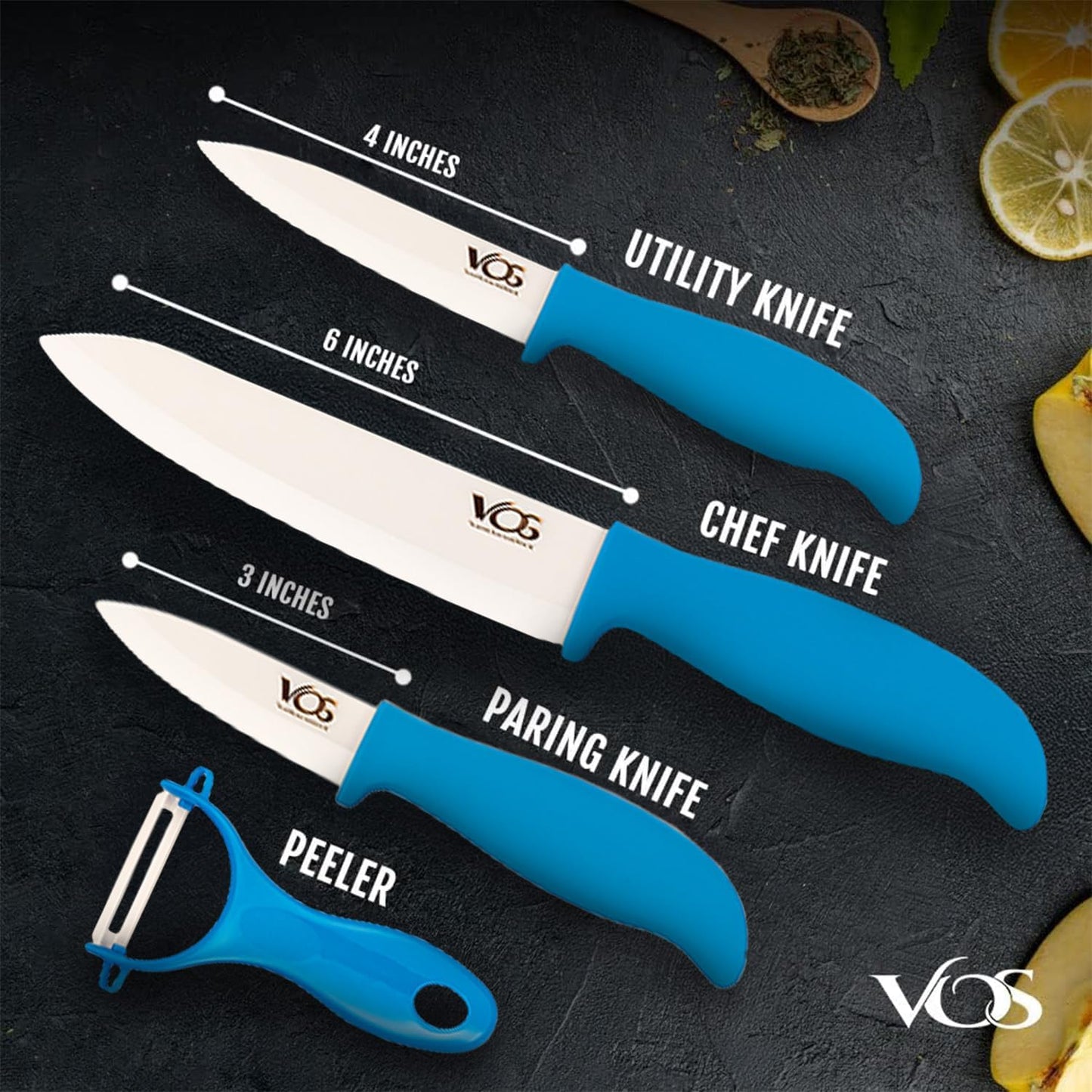 Vos Ceramic Knife Set with Peeler, Ceramic Knives Set For Kitchen, Ultra Sharp Kitchen Knife Set with Covers, 3" 4" 6" Paring, Utility & Chef Knife, Ultra Sharp, Lightweight, Dishwasher safe (Blue)