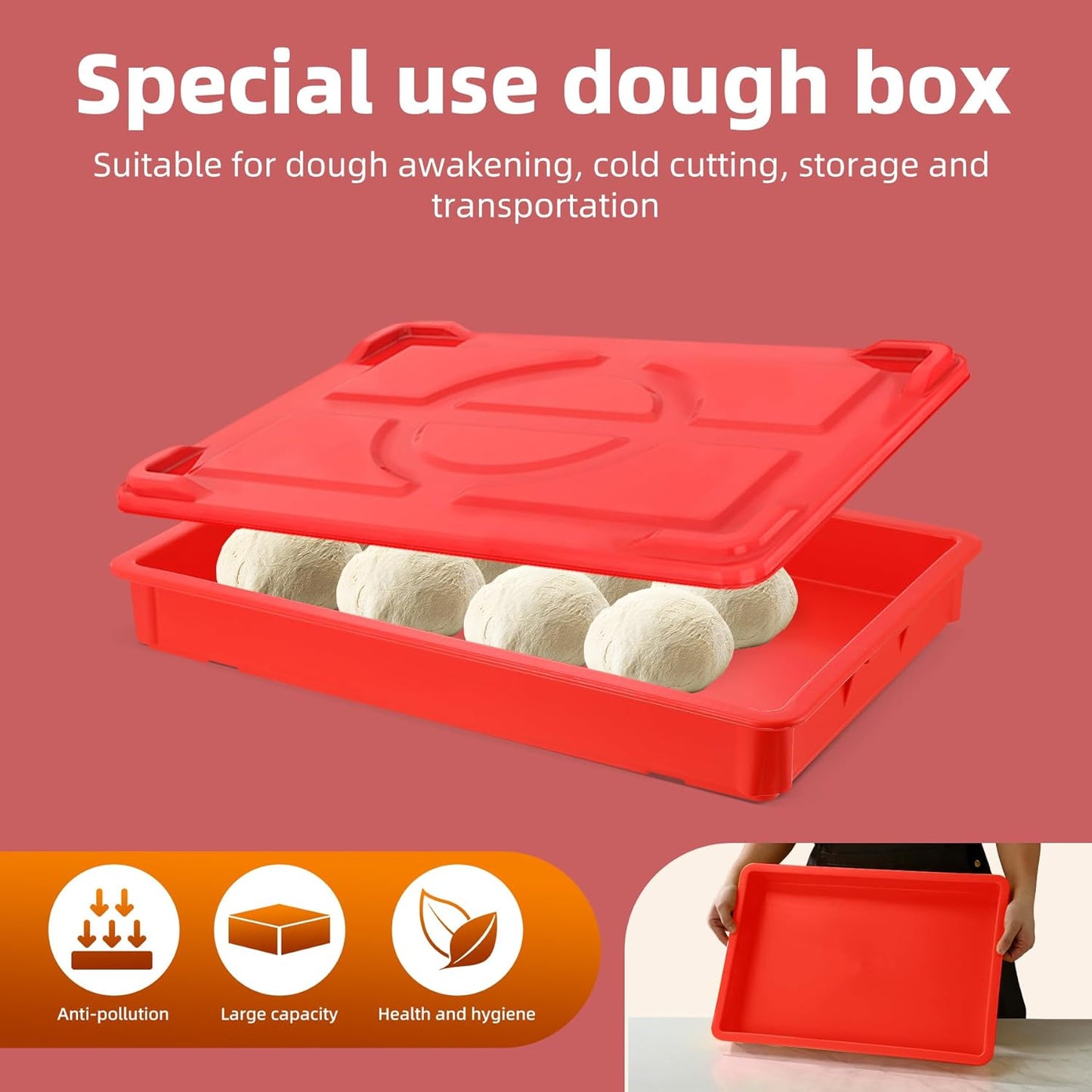 4-Pack Commercial Dough Proofing Box | Pizza/Bread Sourdough Food Storage Containers for Bakeries, Storage Bins with Lids (4 Pack Red, 22.8" L x 15.5" W x 6.1" H)