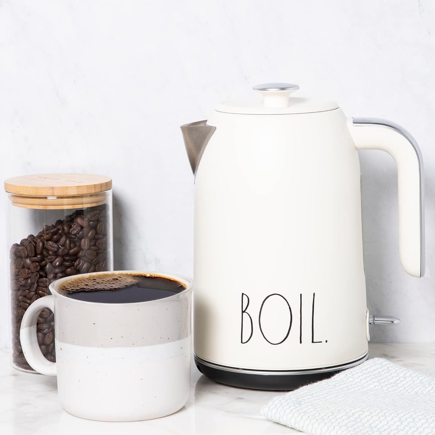 Rae Dunn Electric Hot Water Kettle - Stainless Steel Coffee Maker, Tea Kettle, Swivel Base, With Automatic Shut Off Boil-Dry Protection, Easy Pour Pitcher, 1500 Watt Boiling Power, 1.7 Liters, Cream