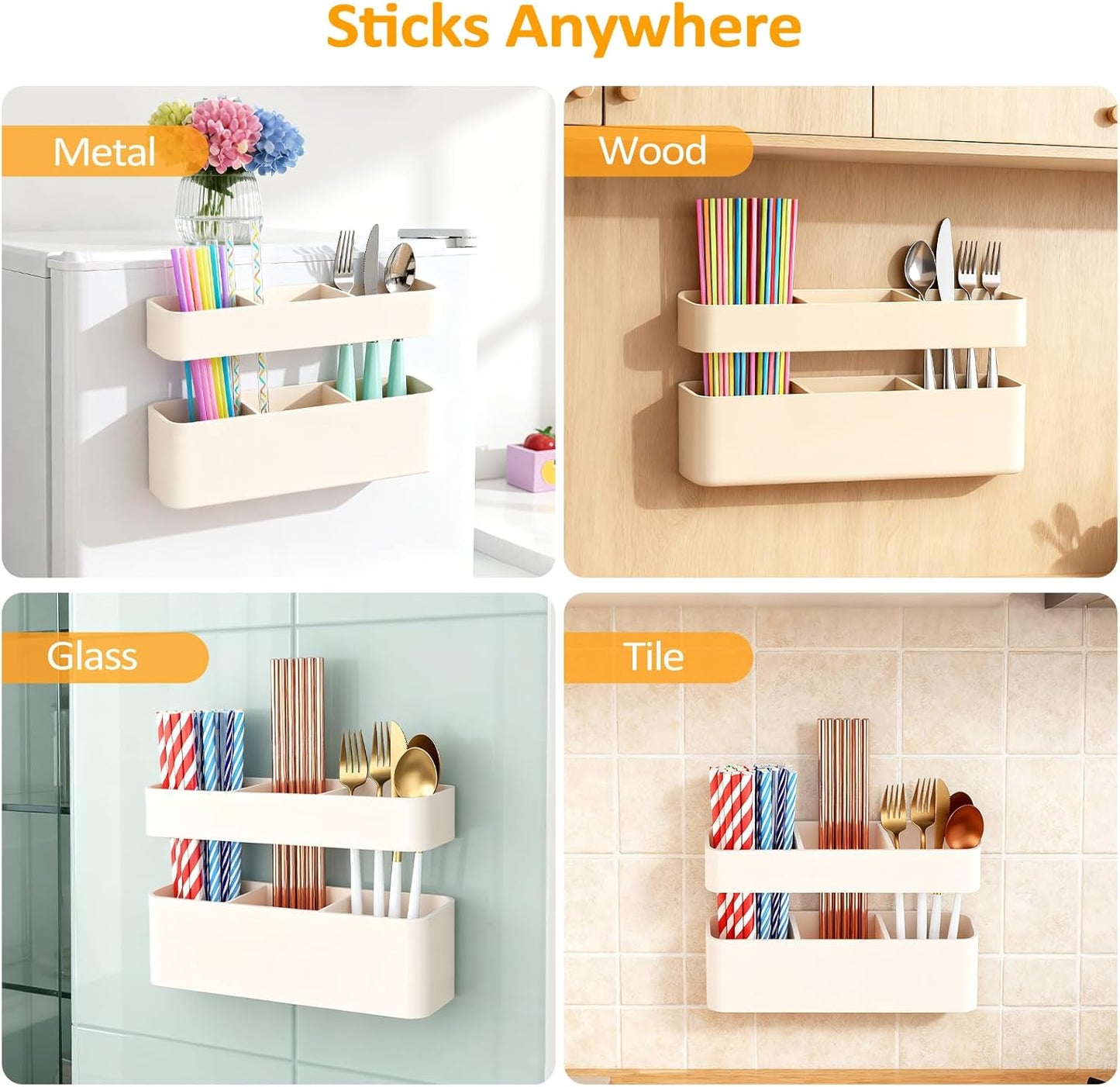 2-Pack Silicone Straw Holder for Cabinet Door,Reusable Adhesive Container for Kitchen Storage Solutions, Cupboard Organizer and Space Saving Hacks (White)