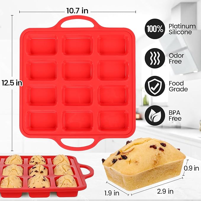 Silicone Mini Loaf pan, 12 Cavities Metal Reinforced Frame Nonstick Food Grade for Baking Mini Bread, Brownie, Cornbread, Cheesecake and Chocolate (1 Pack)