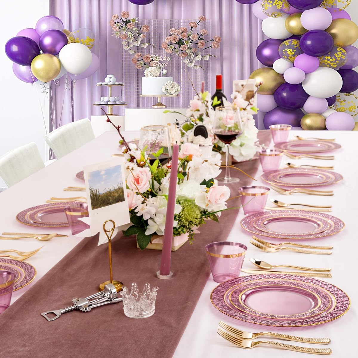 Nervure 150PCS Clear Purple Plastic Plates - Gold Party Plate - Purple and Gold Plate Include: 50 Plates, 25Cups, 25Forks, 25Knives, 25Spoons for Wedding & Party