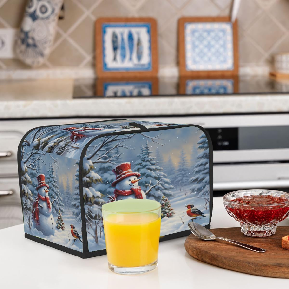 2 Slice Toaster Cover,Snowy Forest Christmas Tree Snowman Bird Small Kitchen Appliance Bread Machine Cover with Pockets,Dust & Fingerprint Protection