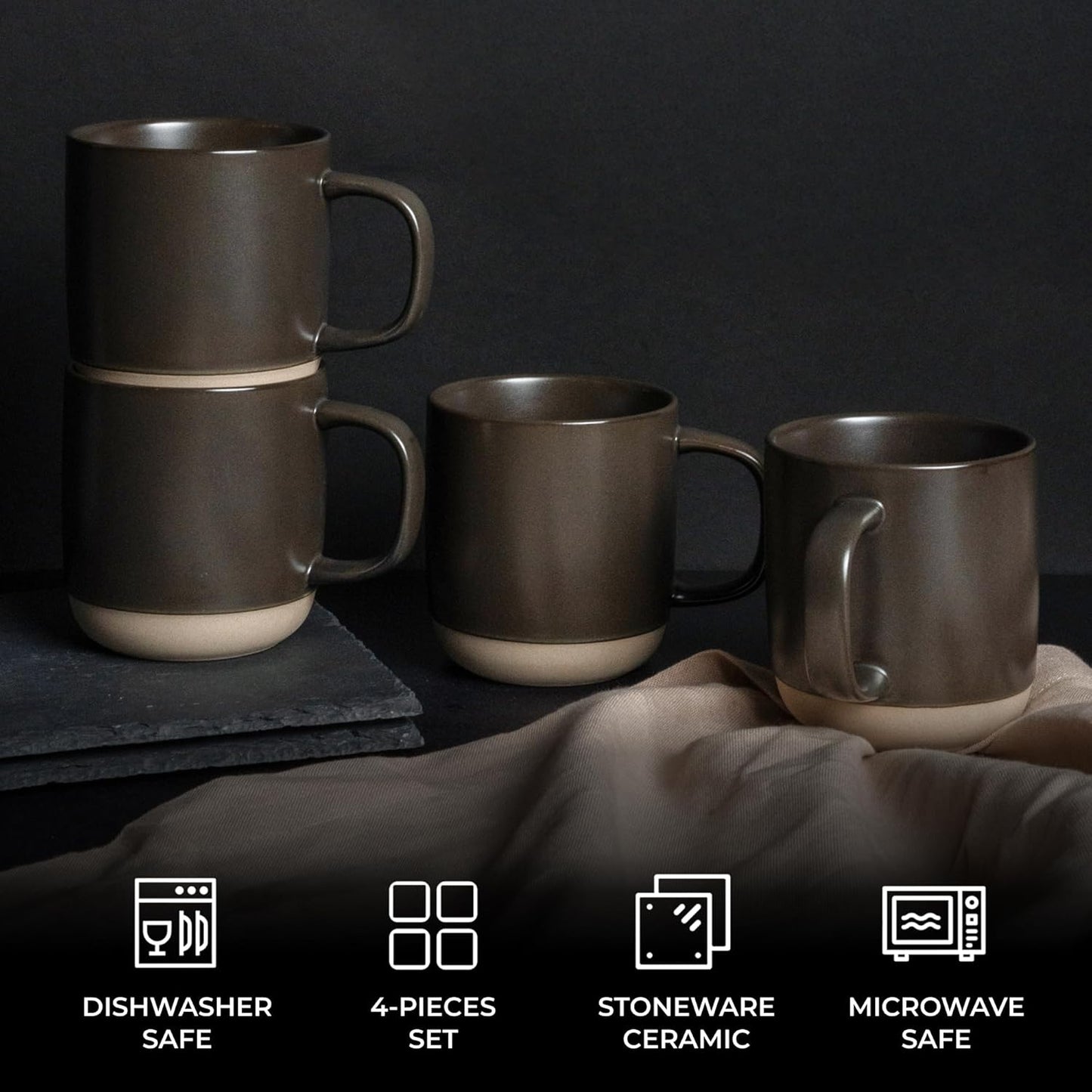 MIAMIO – Coffee Mugs Set of 4 / Ceramic Cups for Coffee (17.5 oz), Cappuccino, Latte Macchiato, Tea, Espresso/Dishwasher and Microwave Safe – Sierra Collection (Dark, Mugs (4x))