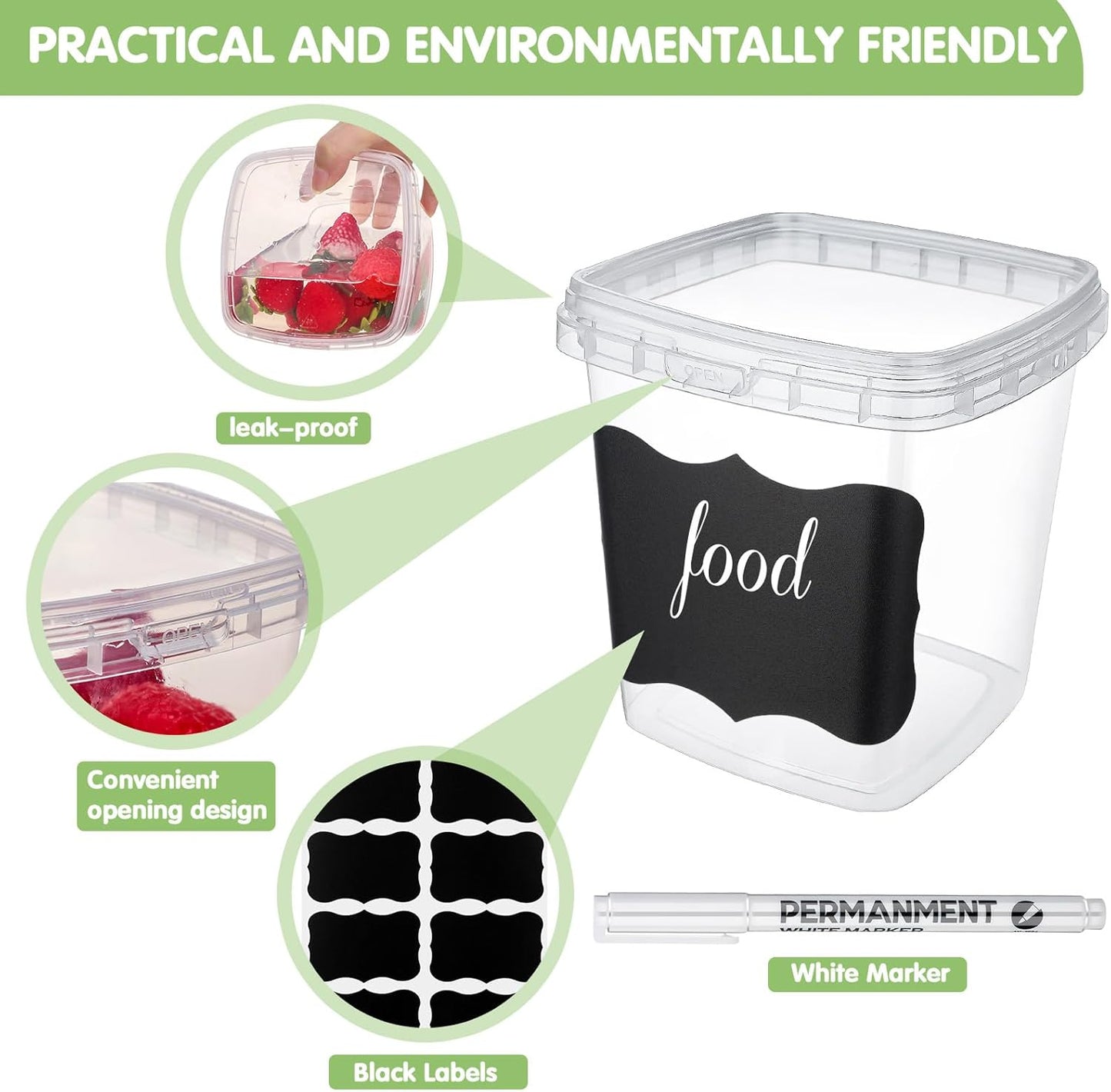 Jinei 50 Pcs 16 oz Plastic Deli Containers with Lids Clear Square Food Storage Containers Stackable Airtight Square Container with Lids with 9 Labels and Marker for Kitchen Storage Meal Take out