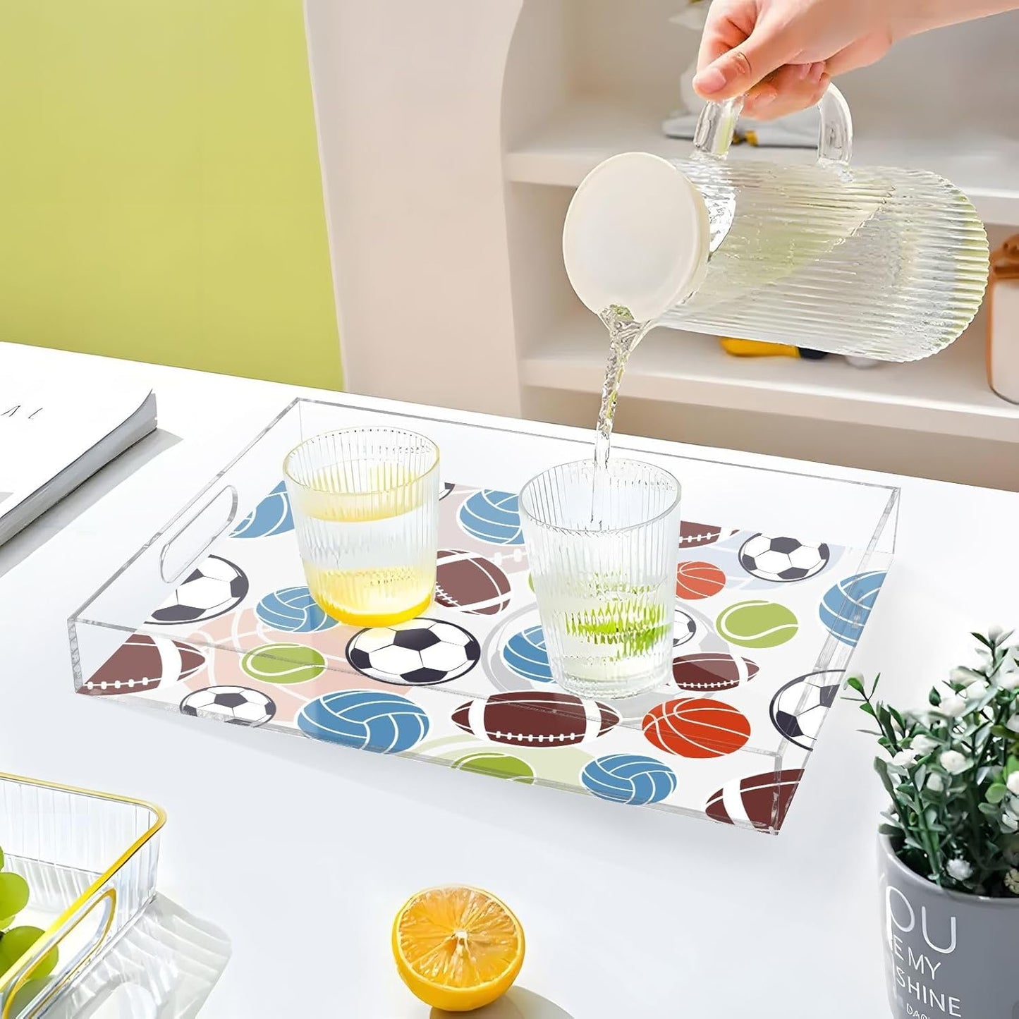 Acrylic Serving Tray with Handles Spill Proof Kitchen Storage Tray Clear Decorative Tray Makeup Drawer Organizer Storage Tray for Bathroom Living Room Ottoman 15.7x11.8Inches