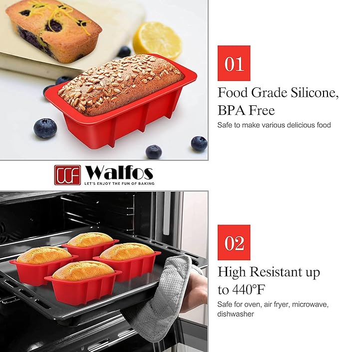 Walfos 9 x 5 inch Large Non-Stick Silicone Loaf Pans & 4 Pieces Mini Silicone Bread Loaf Pans, Perfect for Bread, Cake, Meatloaf, Dishwasher Safe