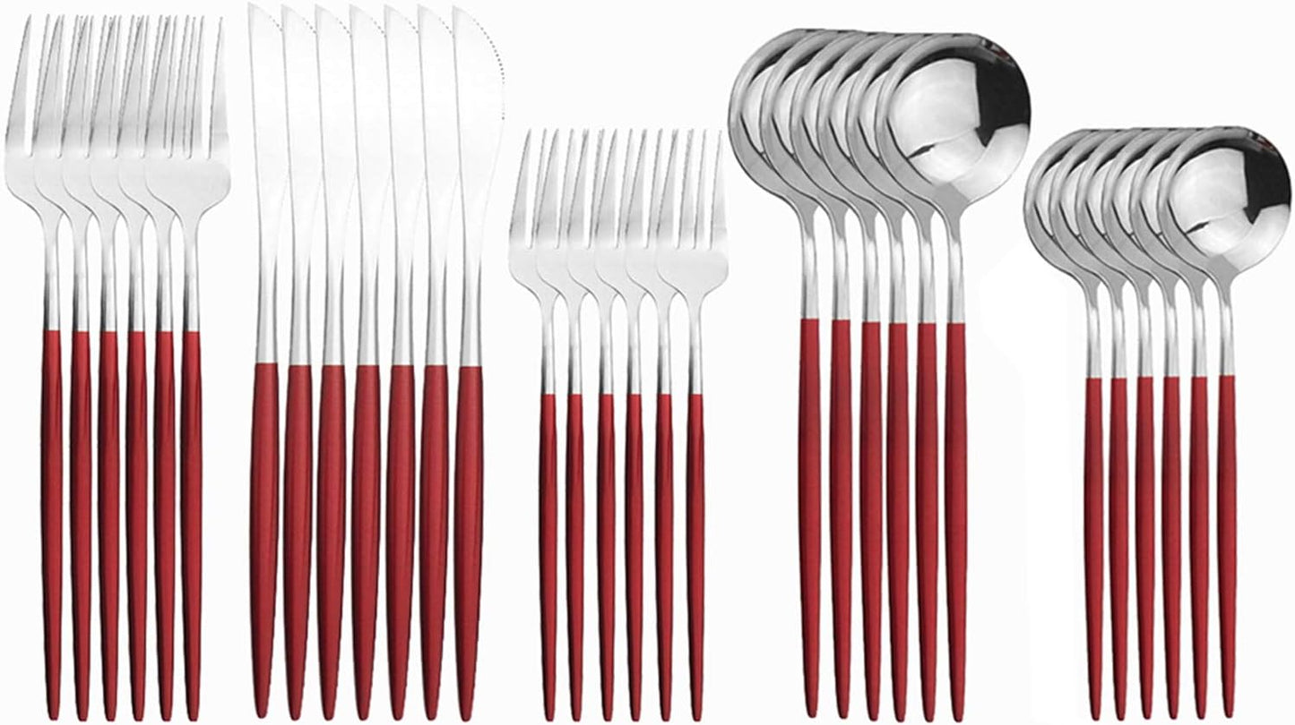 Silverware Set – 30 Piece Family Dinnerware Set – Flatware Set Service For 6 – Red Silver Tableware Sets – Cutlery Great For Family Gatherings & Daily Use – Spoons, Knives, Forks